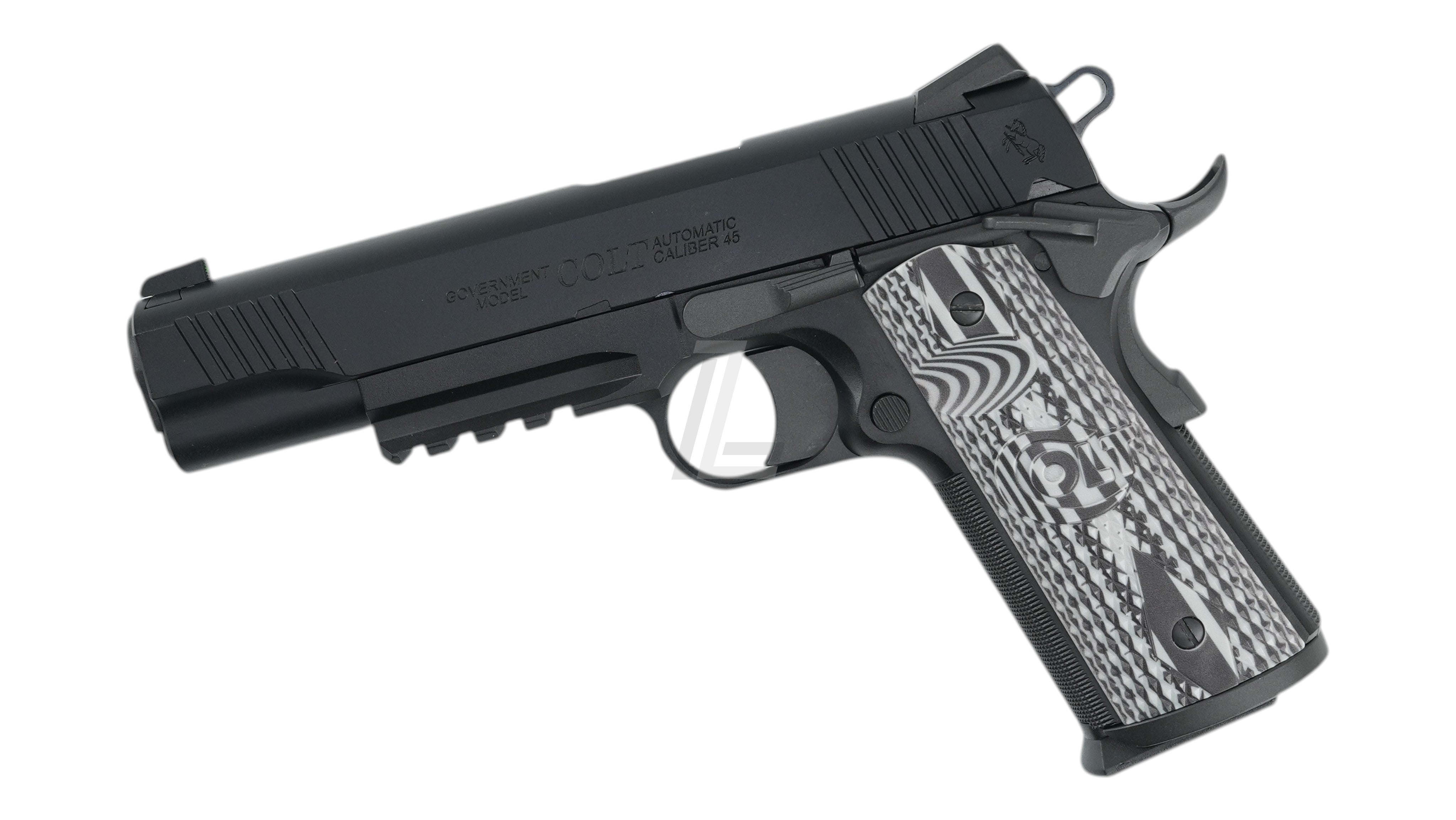 Landing Zone EMG Cybergun Colt 1911 Combat Unit GBB airsoft pistol in black with textured grey grips