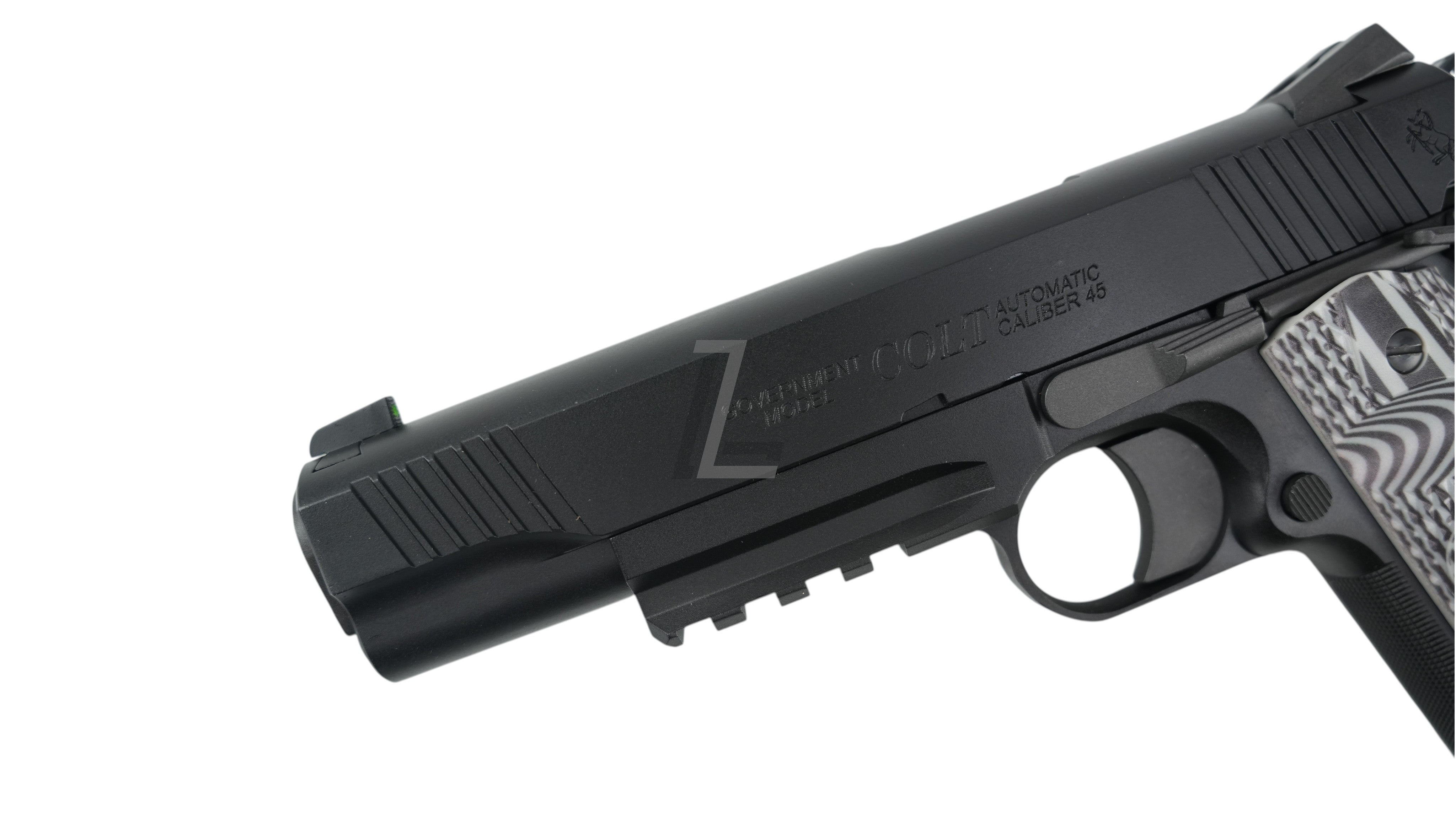 Landing Zone EMG Cybergun Colt 1911 Combat Unit GBB airsoft pistol in black with integrated accessory rail