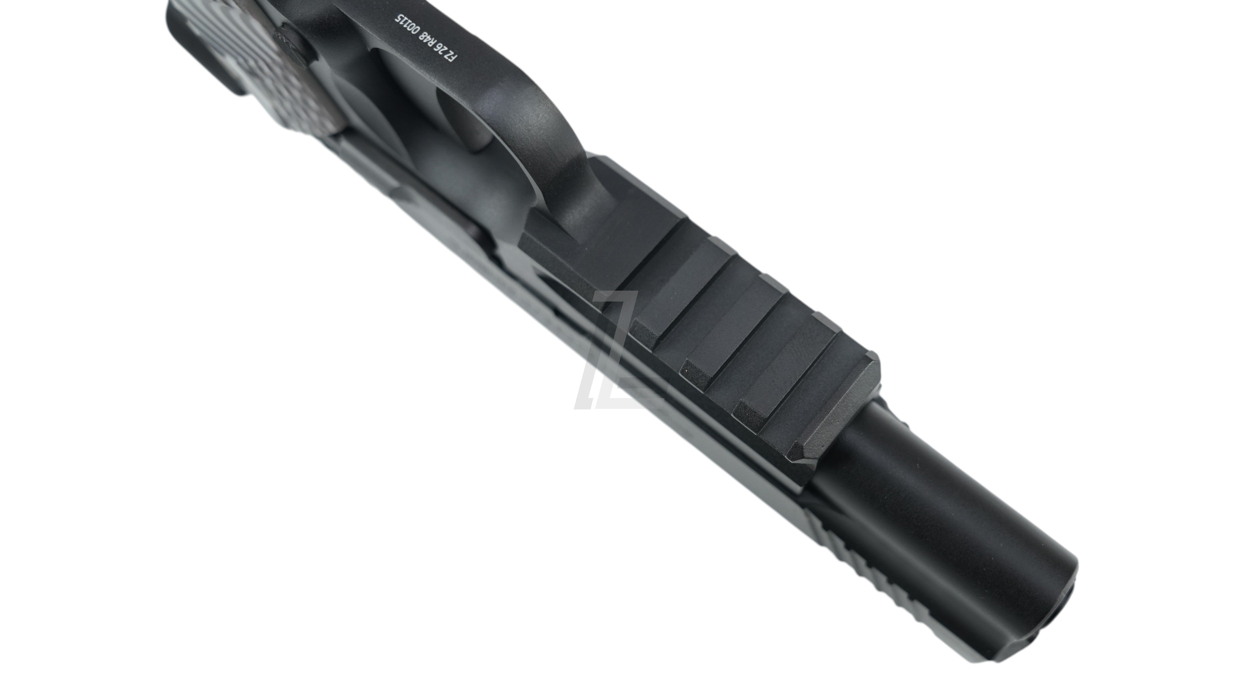 Landing Zone EMG Cybergun Colt 1911 Combat Unit GBB airsoft pistol top view showing the integrated accessory rail