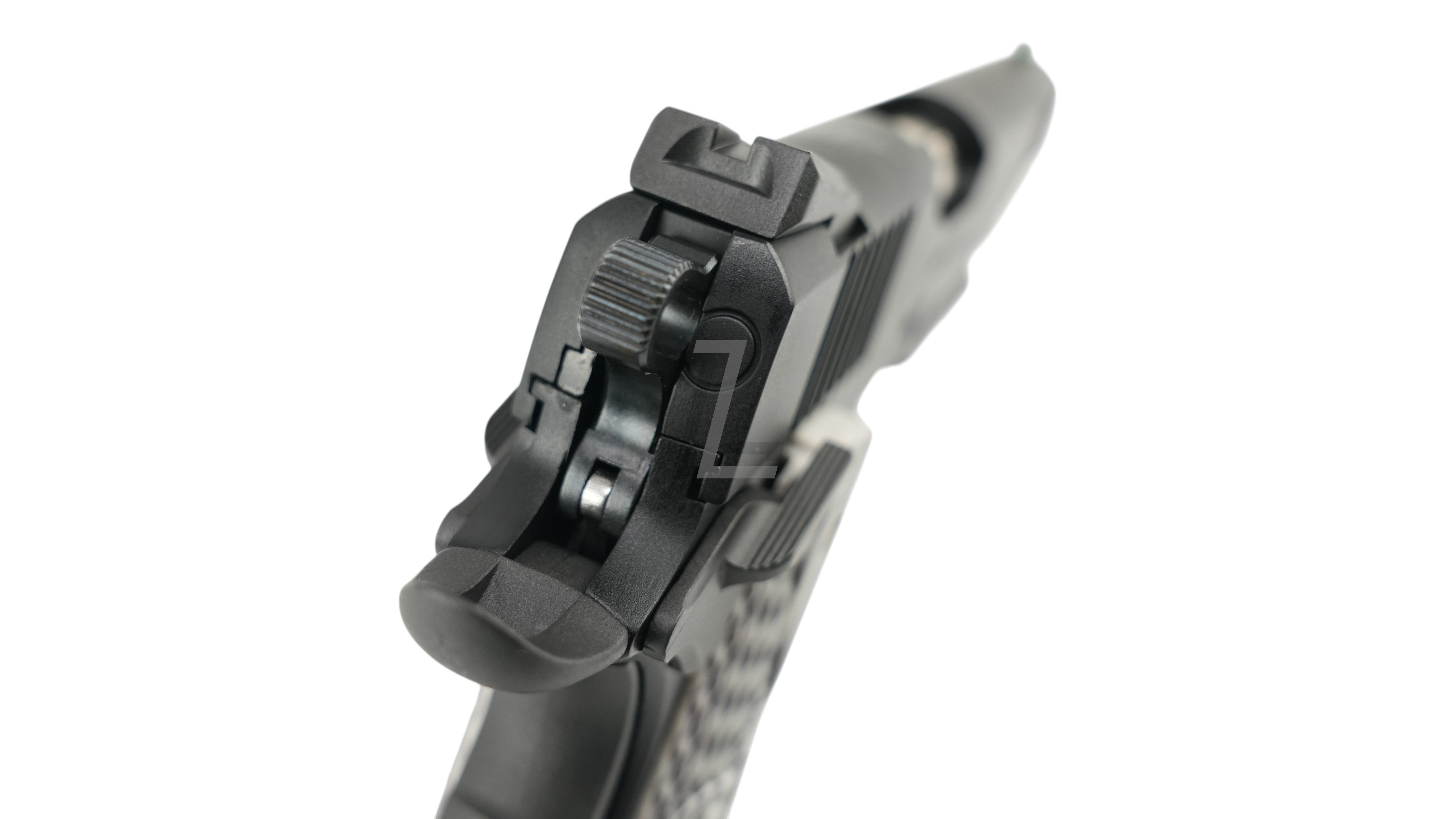 Landing Zone EMG Cybergun Colt 1911 Combat Unit GBB airsoft pistol rear view showing hammer and sights