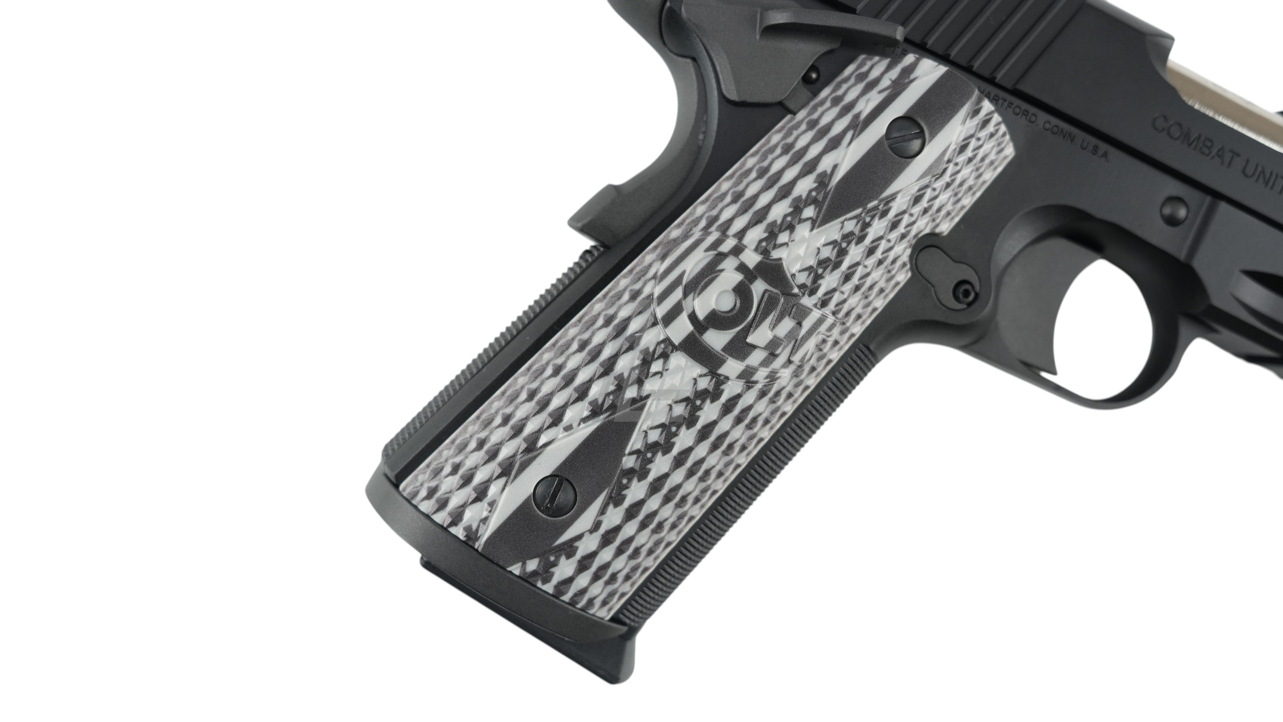 Landing Zone EMG Cybergun Colt 1911 Combat Unit airsoft pistol grip with black and white checkered pattern