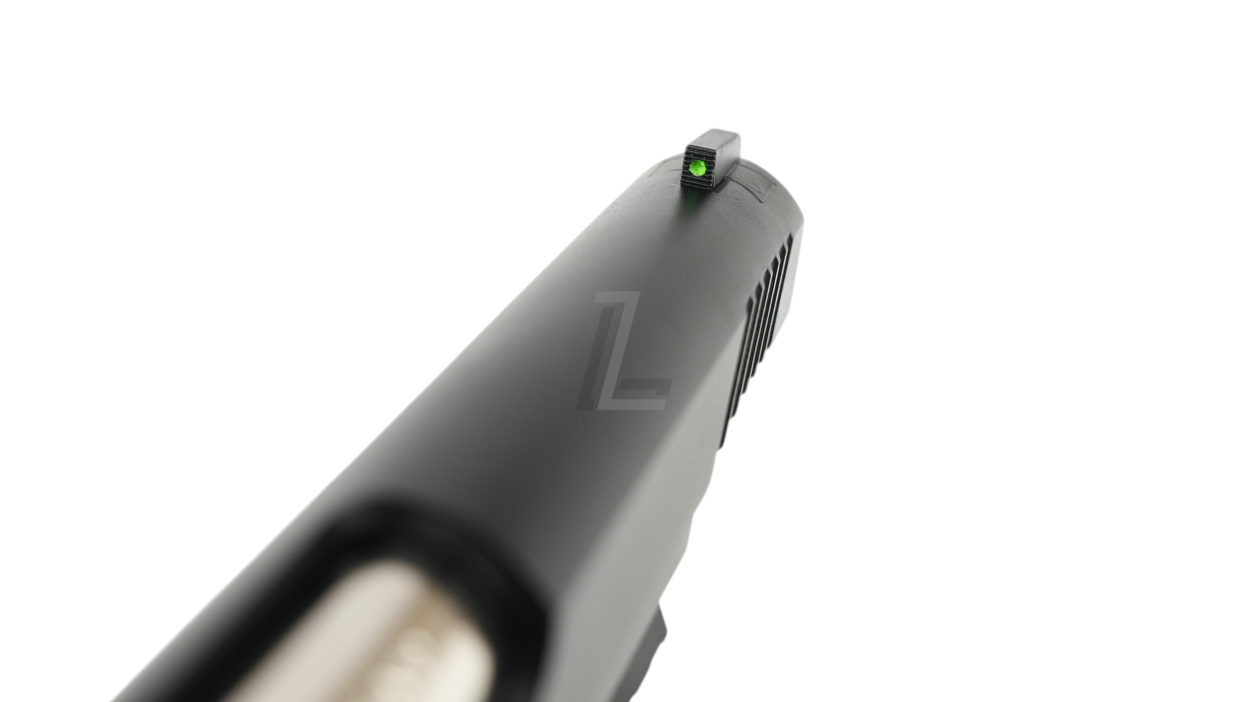 Landing Zone EMG Cybergun Colt 1911 airsoft pistol front sight with green fiber optic dot on black metal slide