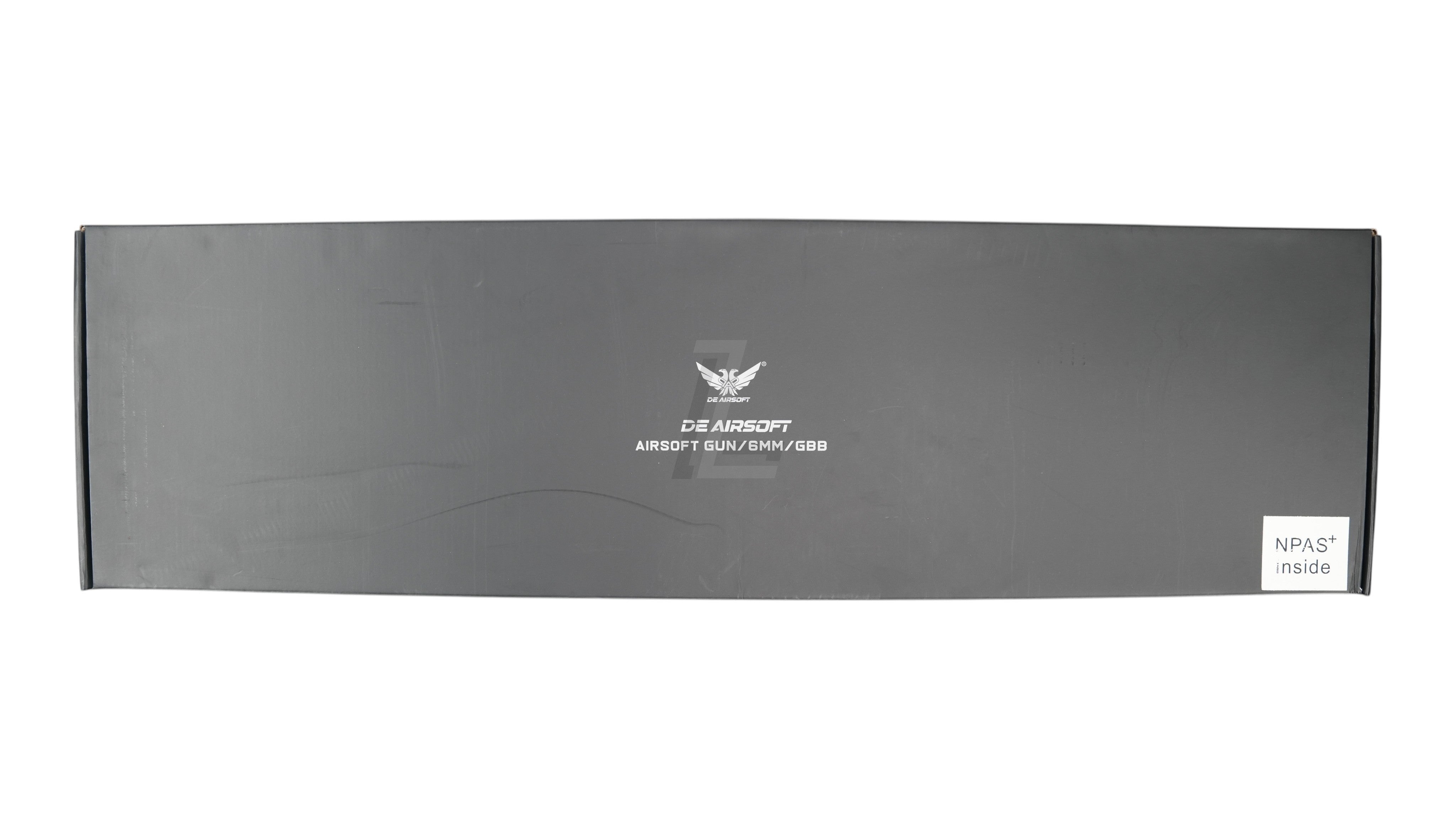 Landing Zone black packaging box for Double Eagle DWS Lupus 13.7 GBB airsoft rifle with DE Airsoft branding