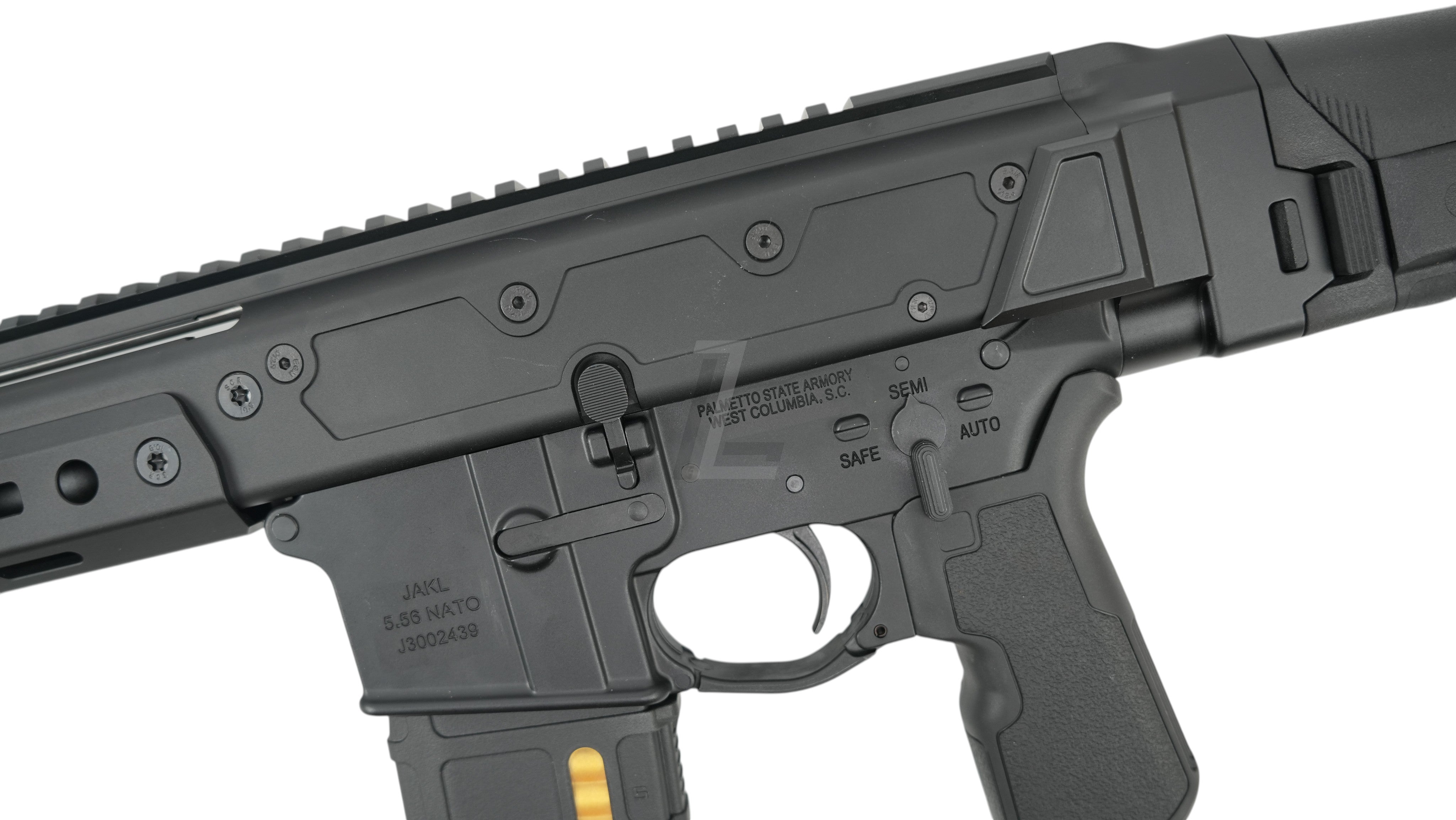 Landing Zone Double Eagle DWS Lupus 13.7 GBB airsoft rifle in black with tactical M-LOK rail and fire selector switch