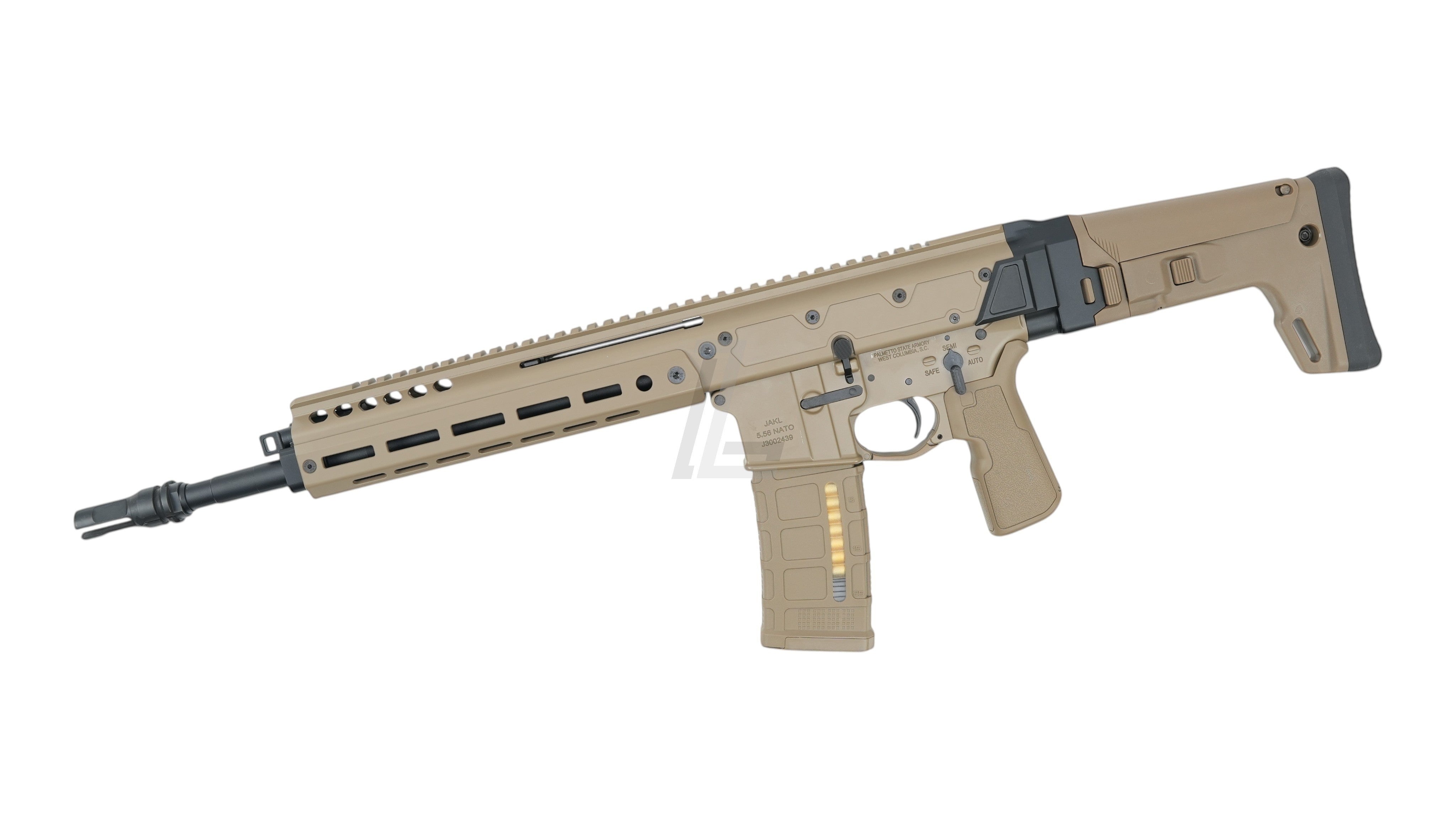 Landing Zone Double Eagle DWS Lupus 13.7 GBB airsoft rifle in FDE tactical tan finish with modular handguard