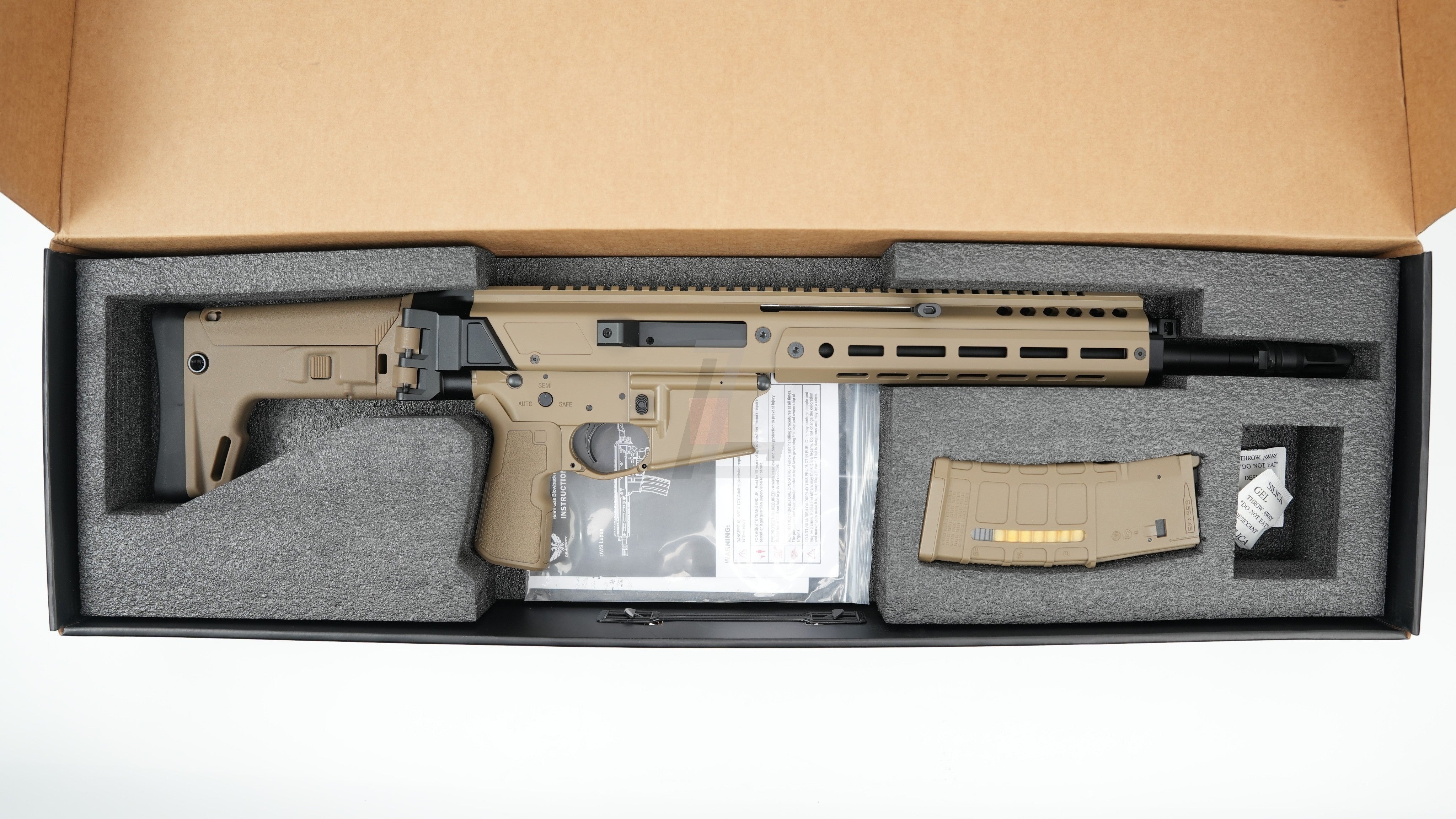 Landing Zone Double Eagle DWS Lupus 13.7 GBB airsoft rifle in FDE finish inside its protective foam-lined box