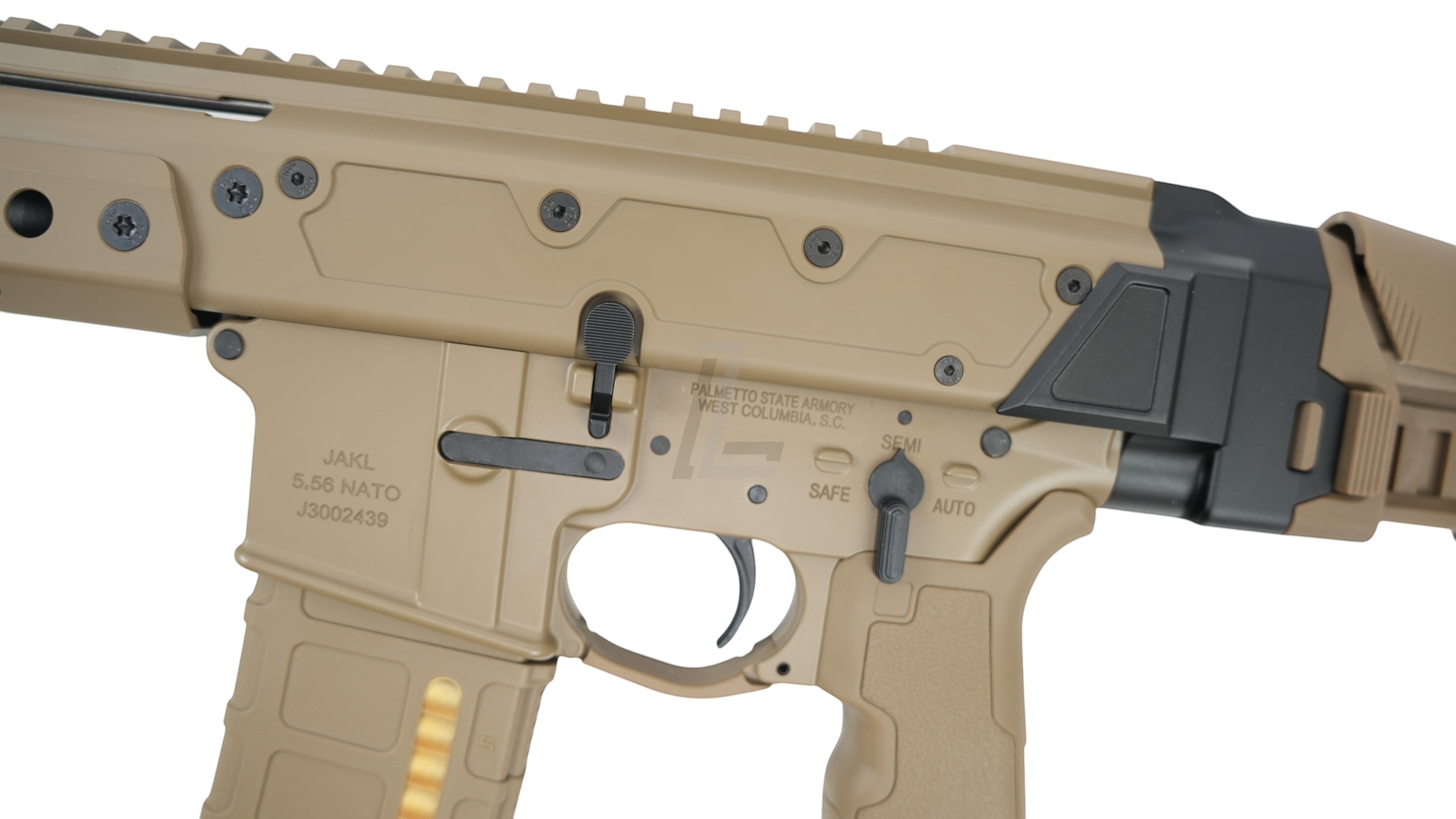 Landing Zone Double Eagle DWS Lupus 13.7 GBB airsoft rifle in FDE finish with tactical receiver details