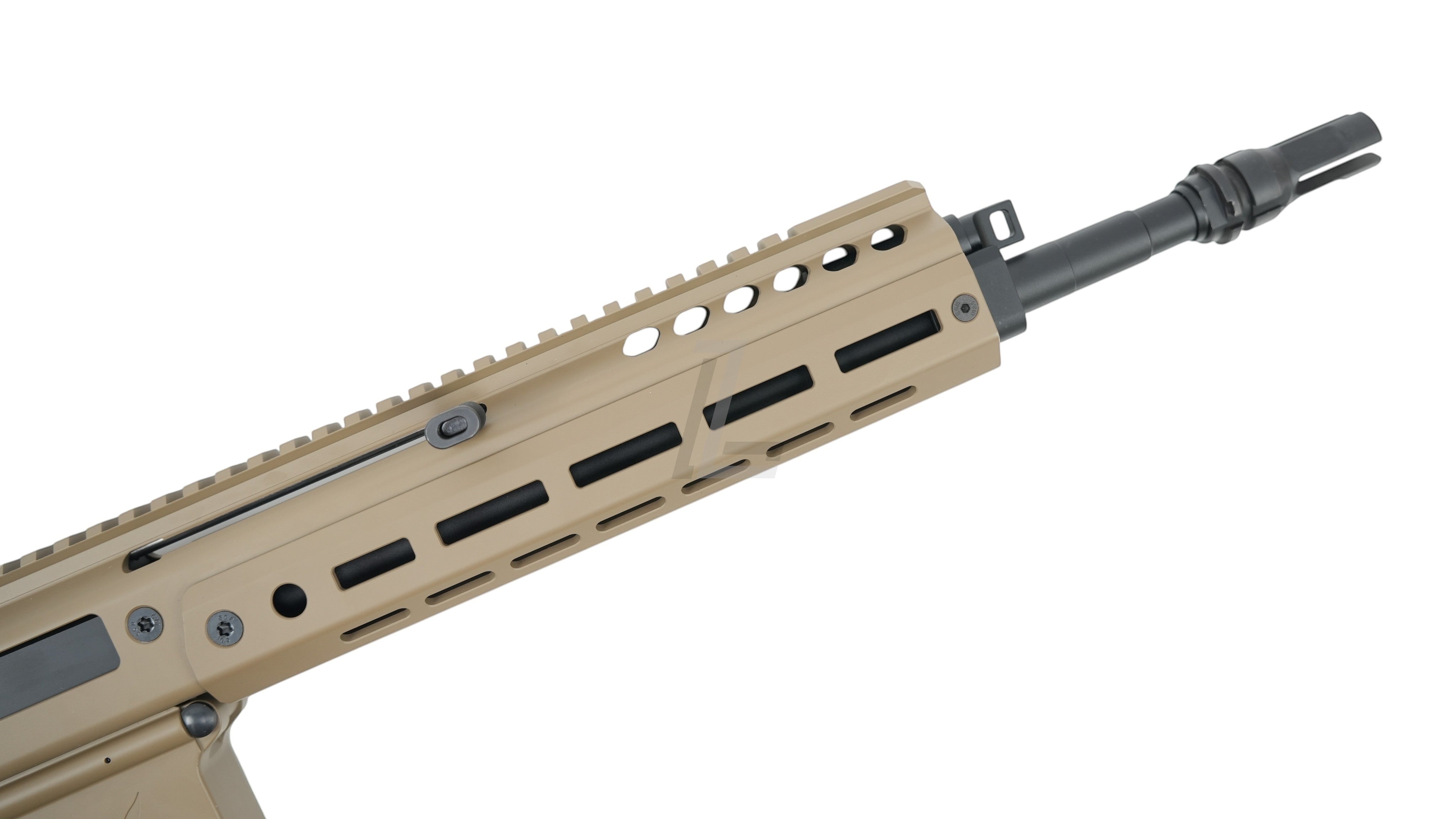 Landing Zone Double Eagle DWS Lupus 13.7 GBB airsoft rifle in FDE finish featuring a tactical handguard and barrel