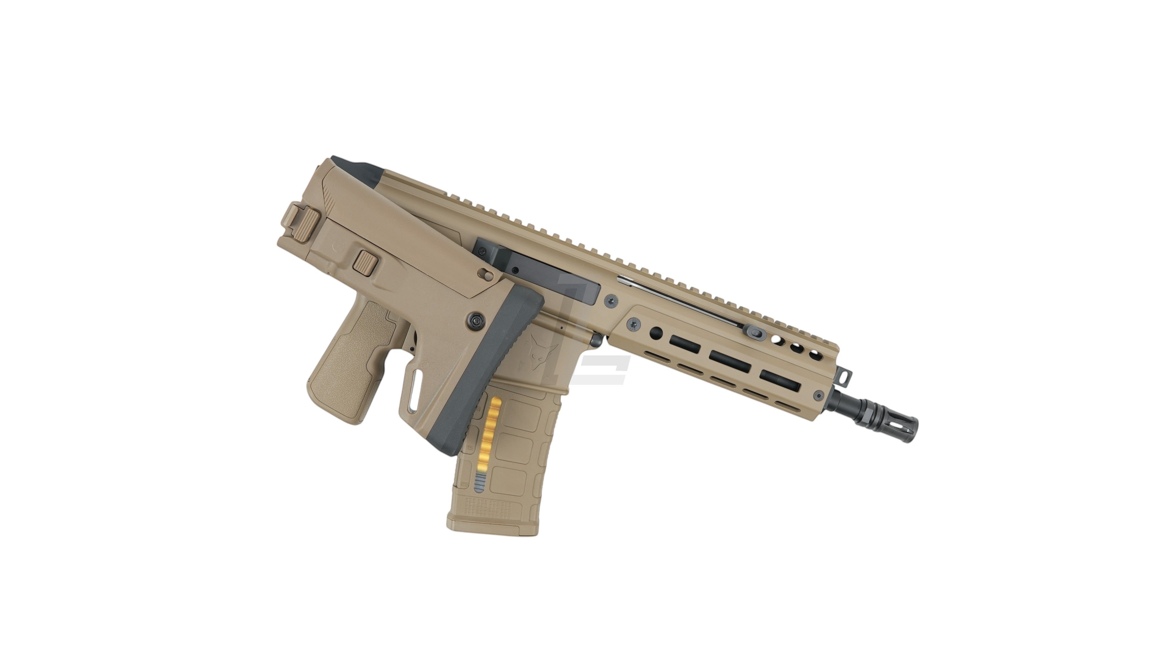 Landing Zone Double Eagle DWS Lupus 8.5 GBB airsoft rifle in FDE with a compact tactical design and folding stock.
