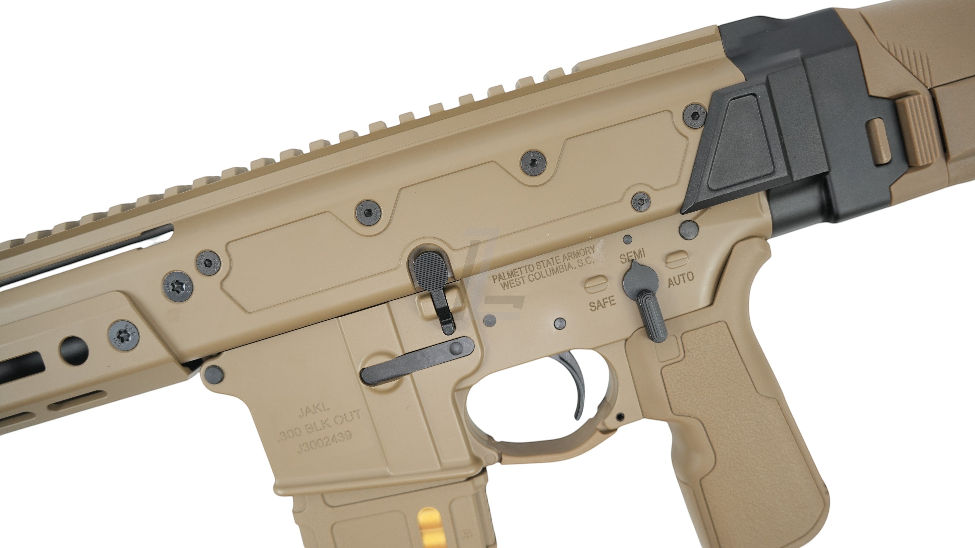 Landing Zone Double Eagle DWS Lupus 8.5 GBB airsoft rifle in FDE finish with tactical rail and fire selector switch