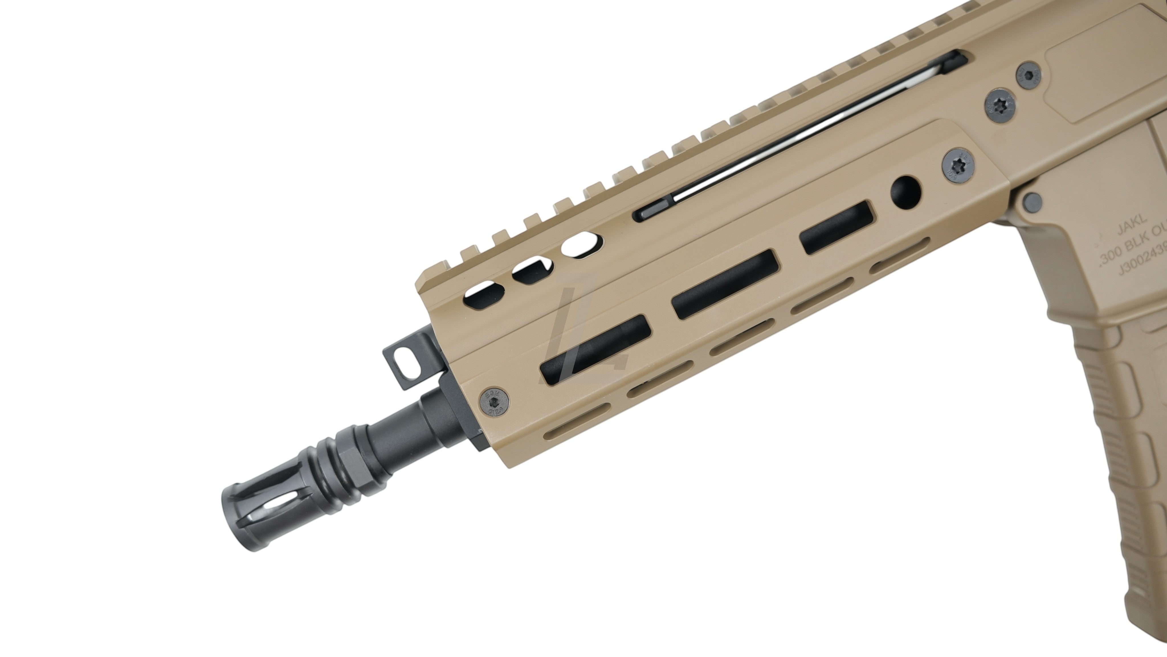 Landing Zone Double Eagle DWS Lupus 8.5 GBB airsoft rifle in FDE finish with tactical handguard and muzzle device