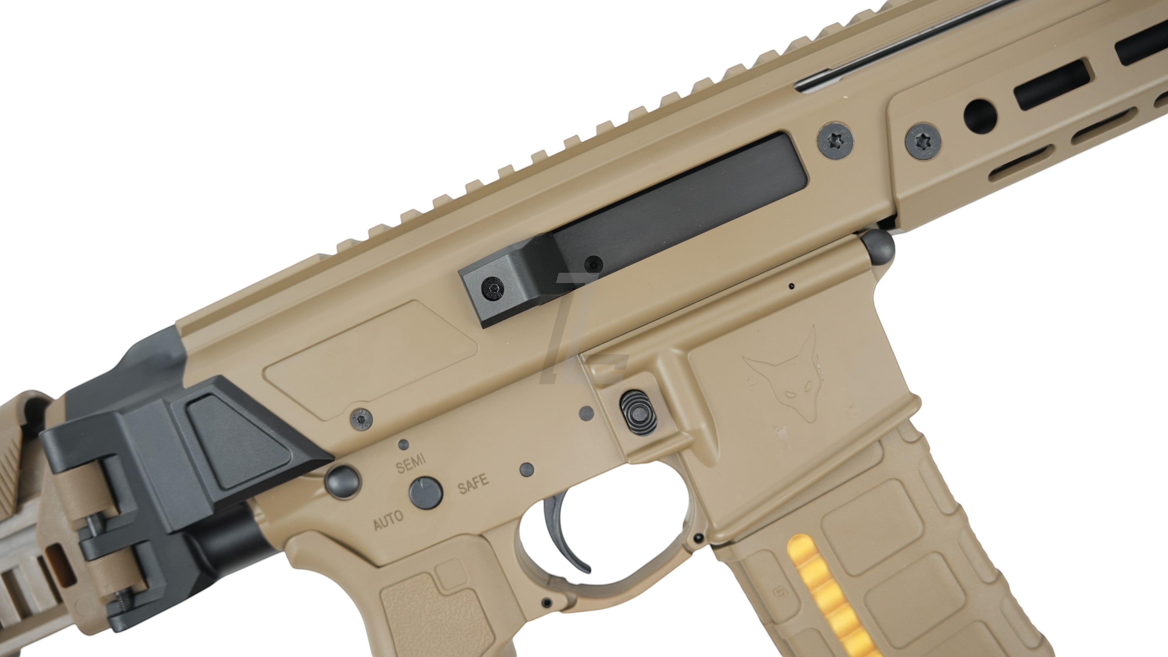 Landing Zone Double Eagle DWS Lupus 8.5 GBB airsoft rifle in FDE finish with tactical rail and fire selector switch