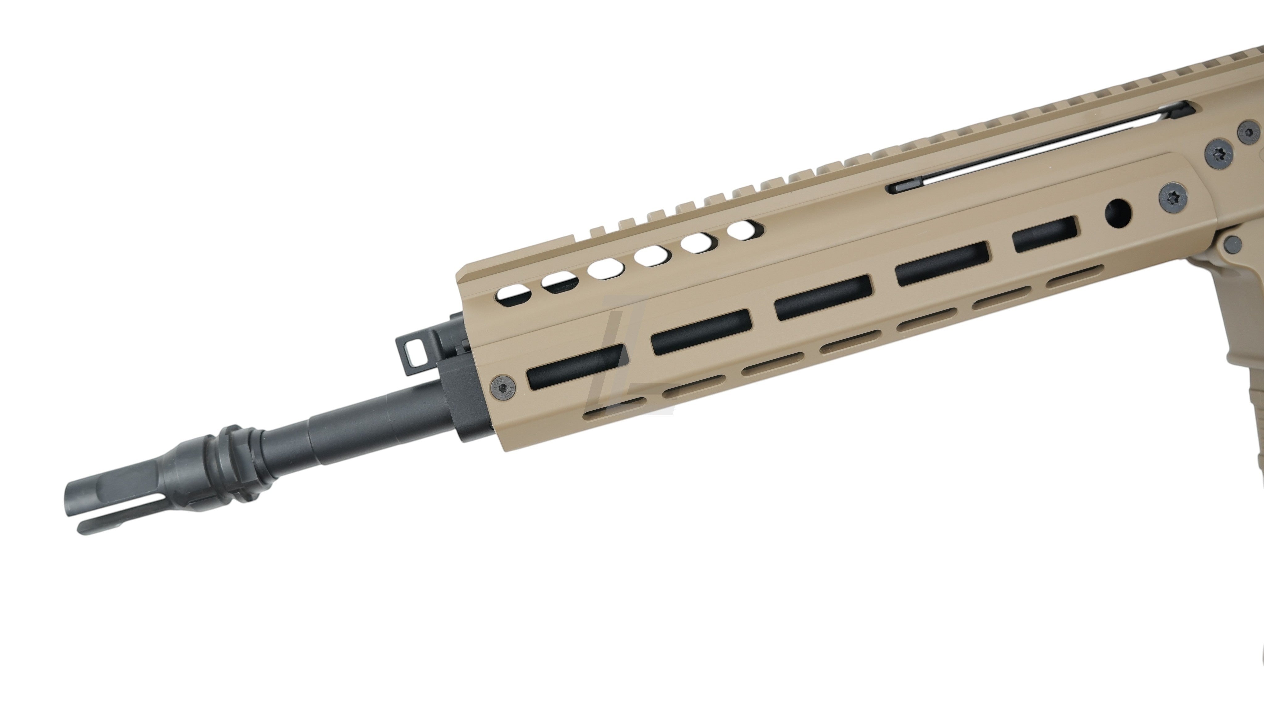 Landing Zone Double Eagle DWS Lupus 13.7 GBB airsoft rifle in FDE finish with tactical handguard and flash hider