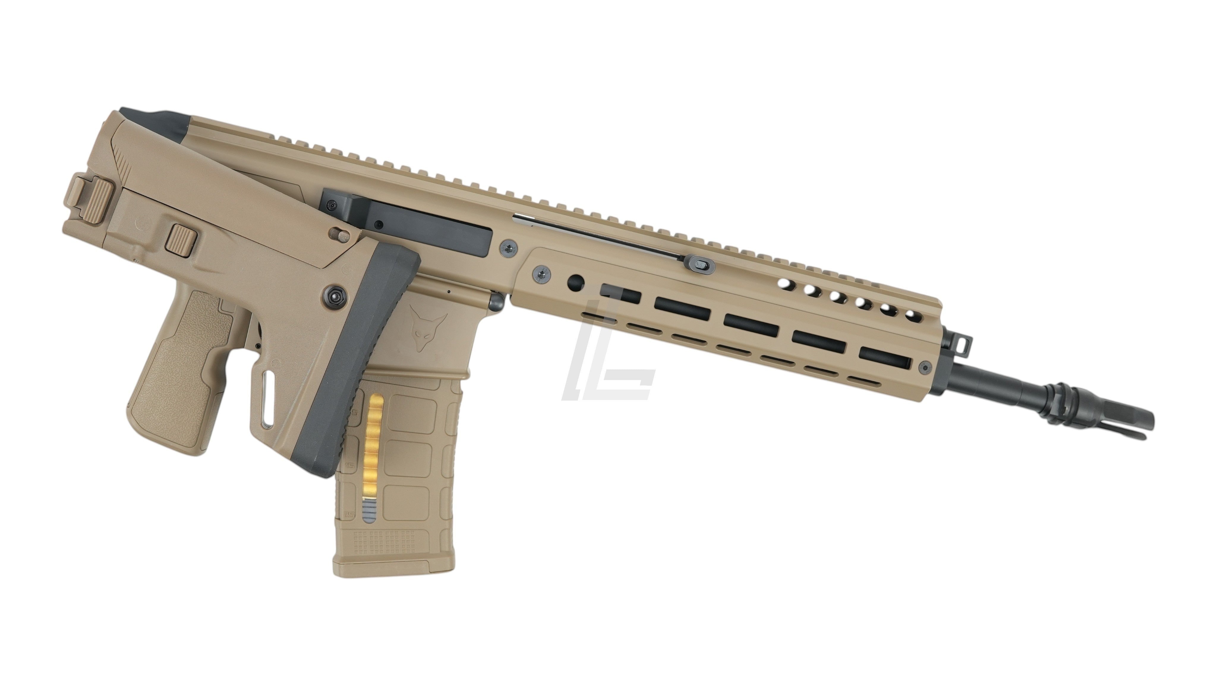Landing Zone Double Eagle DWS Lupus 13.7 GBB airsoft rifle in FDE tactical tan finish with folding stock
