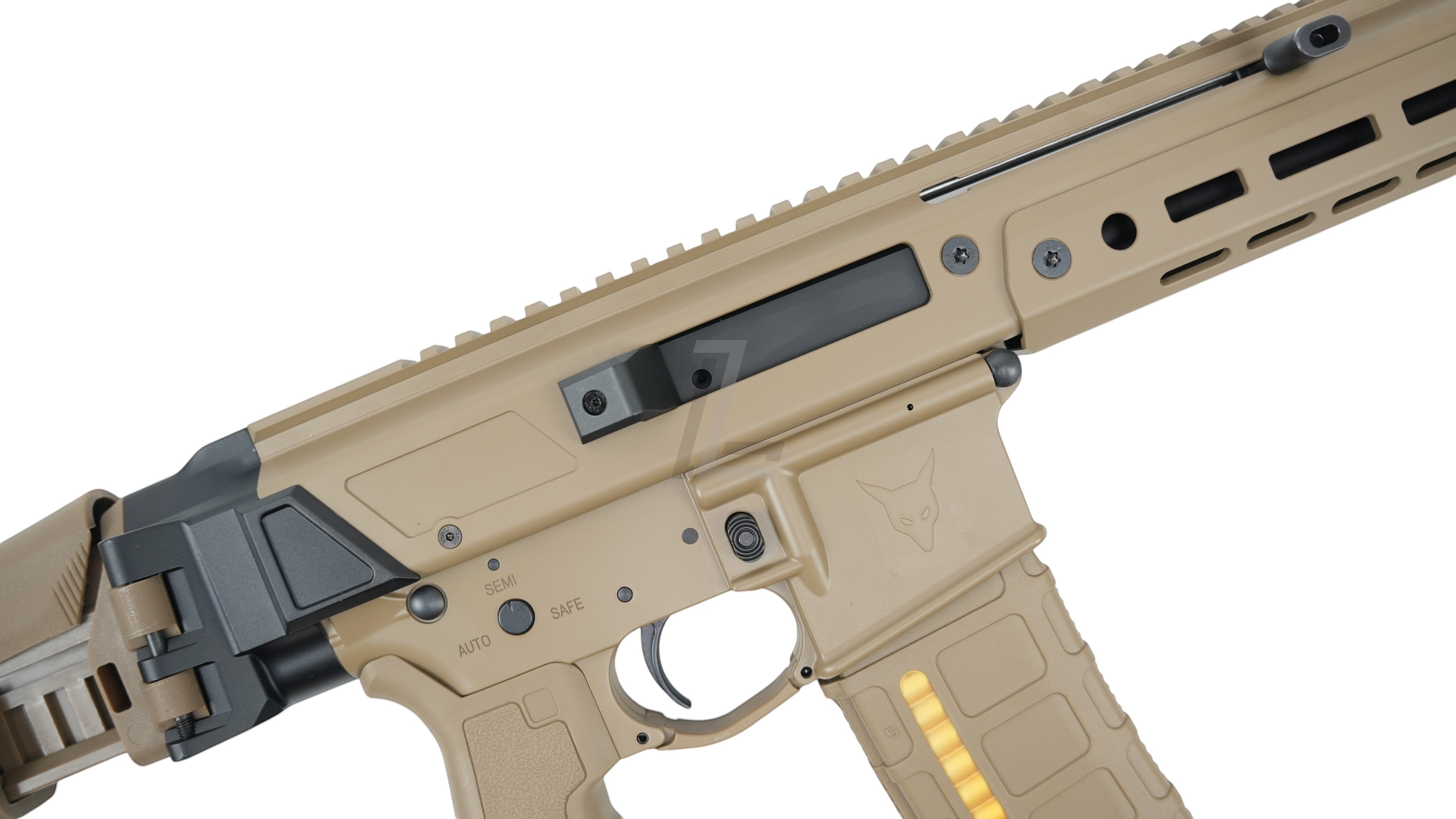 Landing Zone Double Eagle DWS Lupus 13.7 GBB airsoft rifle in FDE finish with tactical rail and polymer magazine