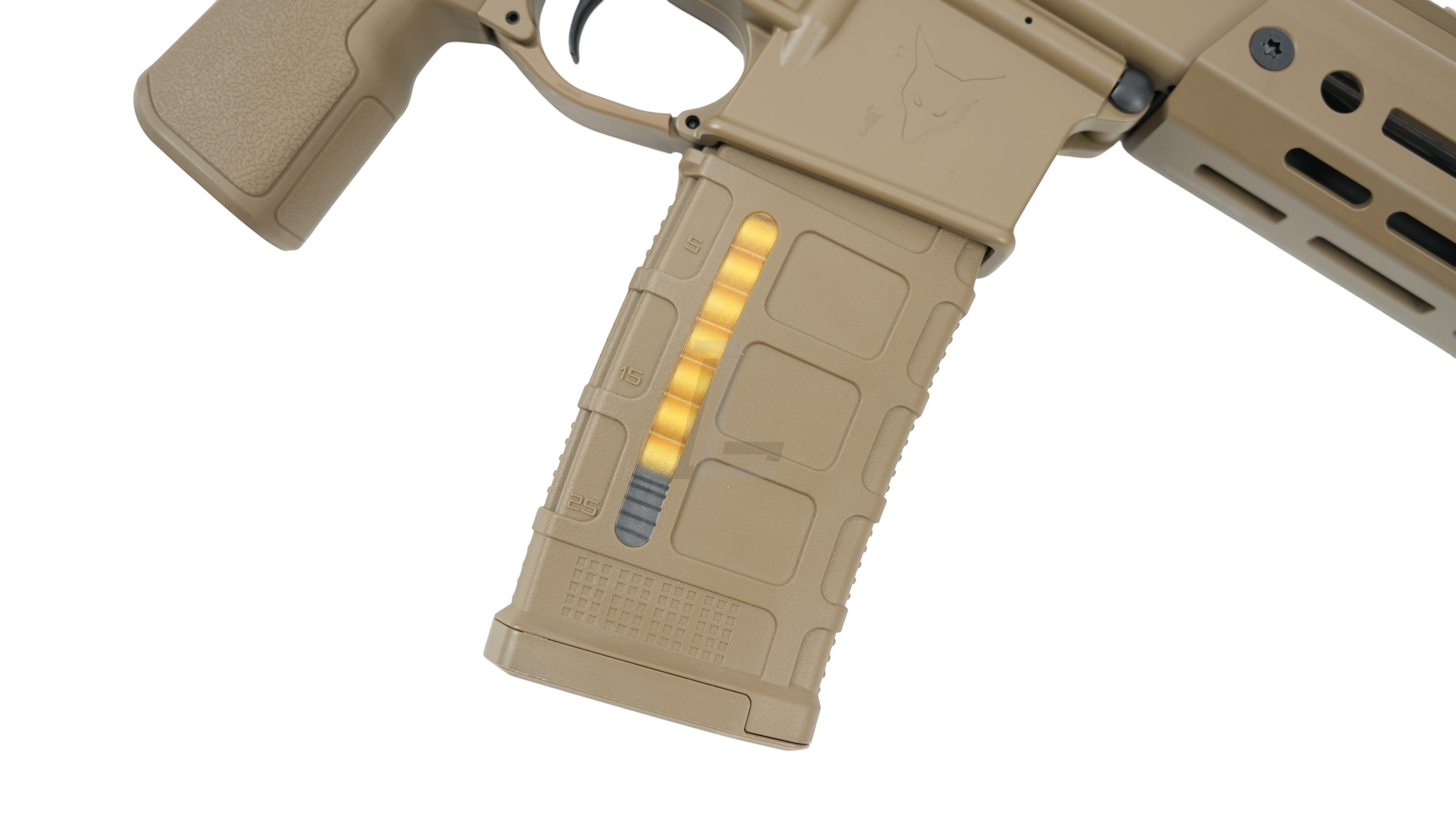 Landing Zone Double Eagle DWS Lupus 8.5 GBB airsoft rifle magazine in FDE with visible dummy rounds