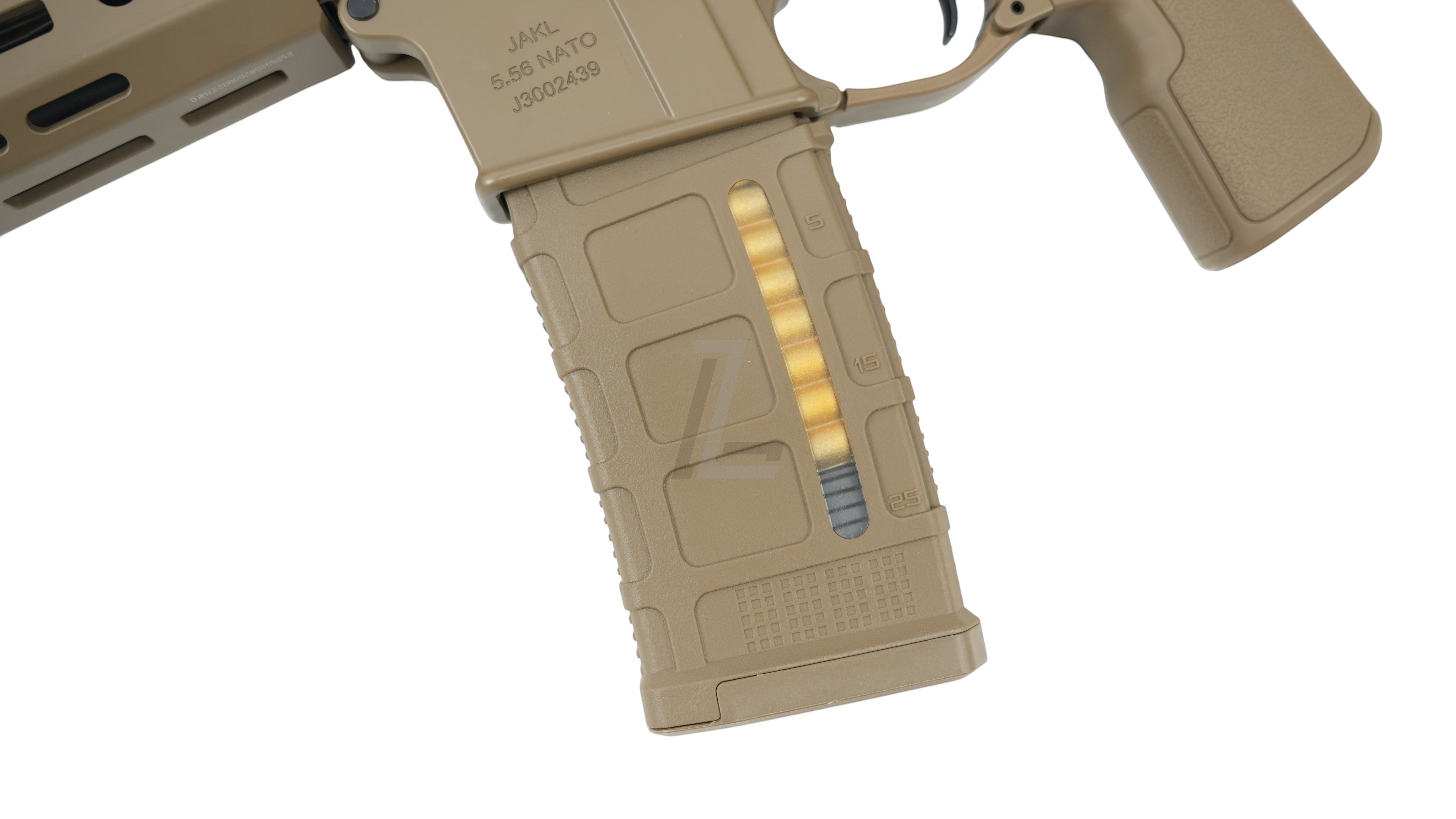 Landing Zone Double Eagle DWS Lupus 13.7 GBB airsoft rifle magazine in FDE finish with visible dummy rounds