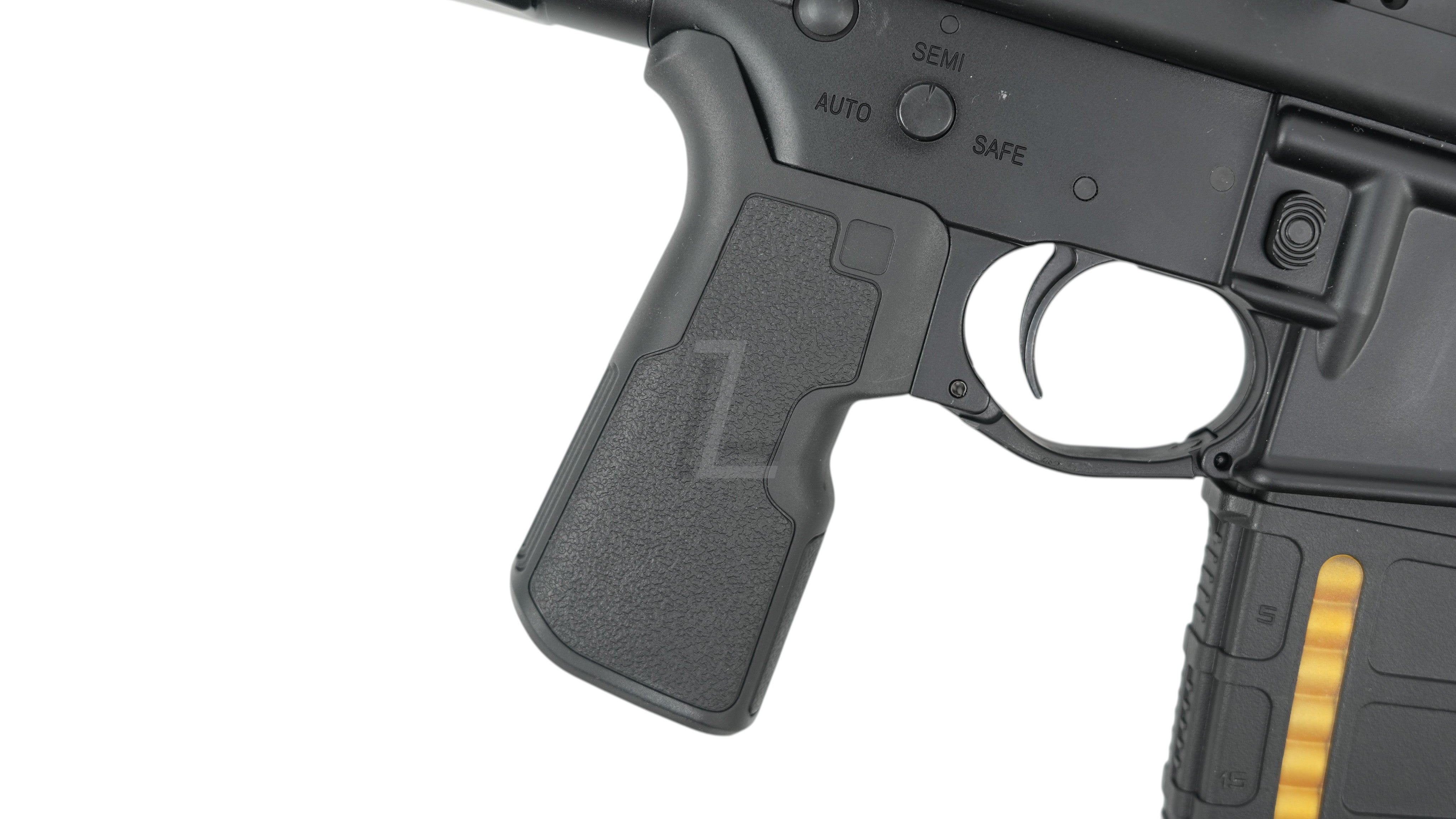 Landing Zone Double Eagle DWS Lupus 13.7 GBB airsoft rifle in black, showing the pistol grip, trigger, and fire selector