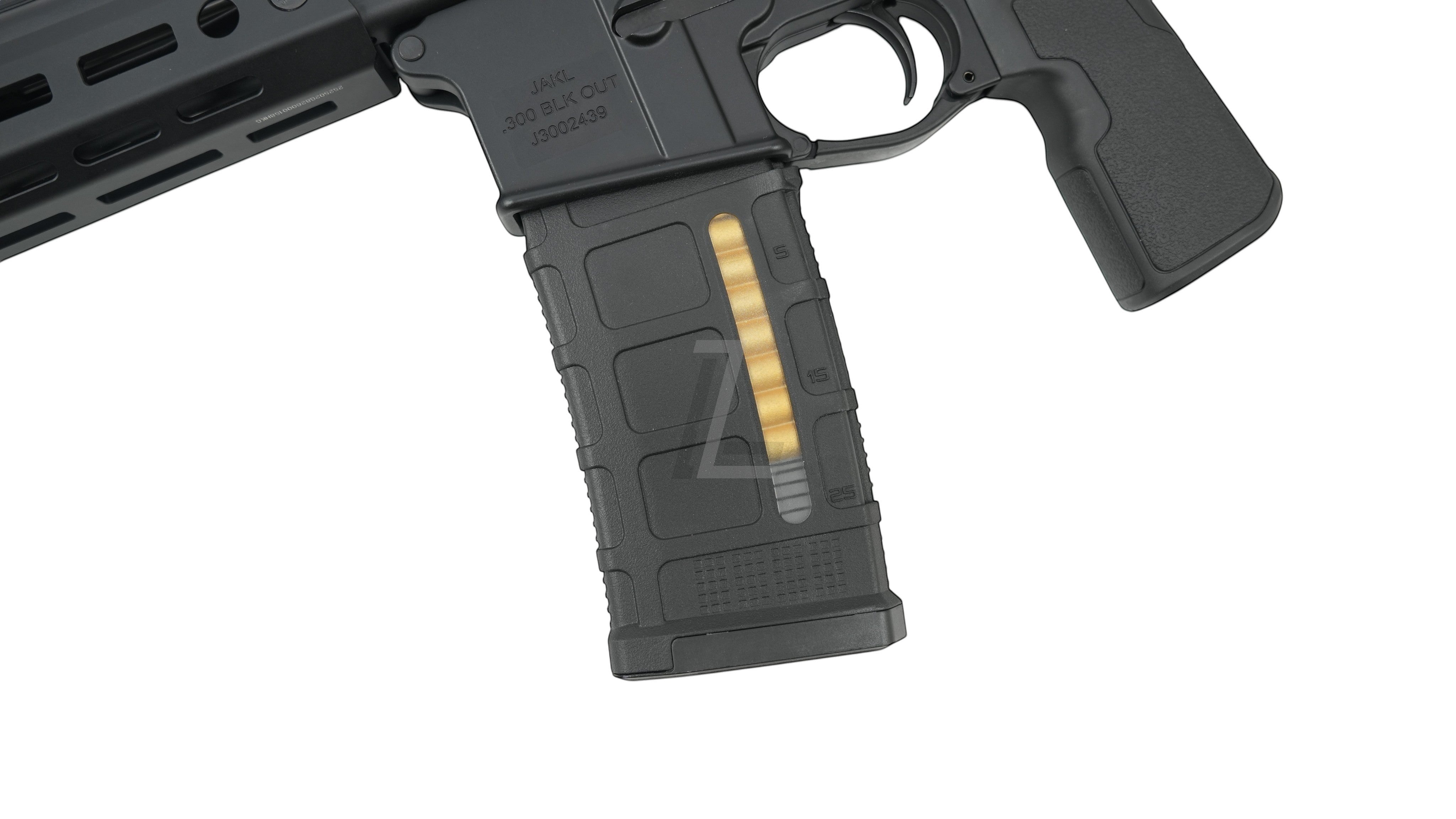 Landing Zone Double Eagle DWS Lupus 8.5 GBB airsoft rifle in black with a visible magazine and tactical design.
