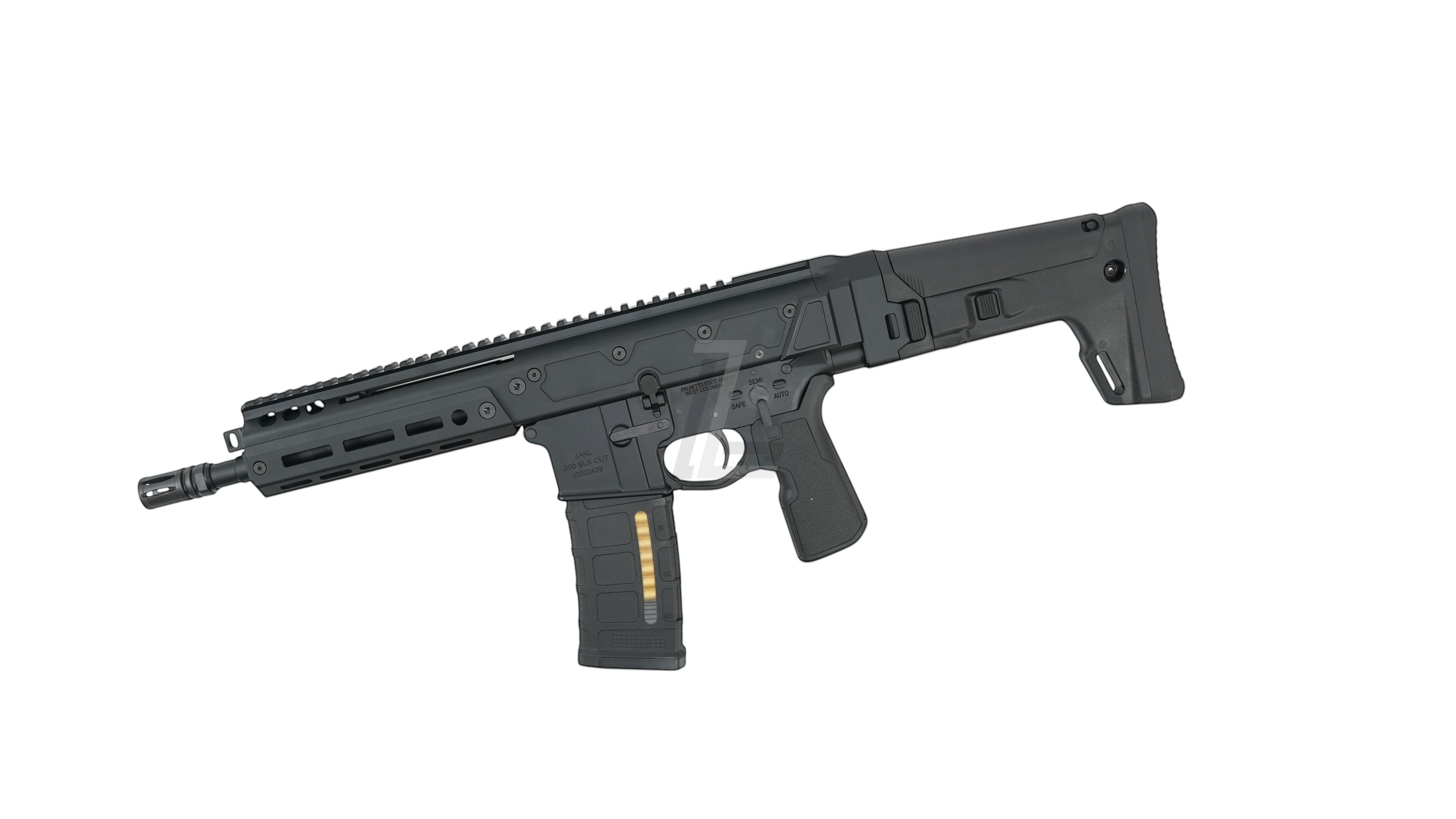 Landing Zone Double Eagle DWS Lupus 8.5 GBB airsoft rifle in black with a compact tactical design and rail system.