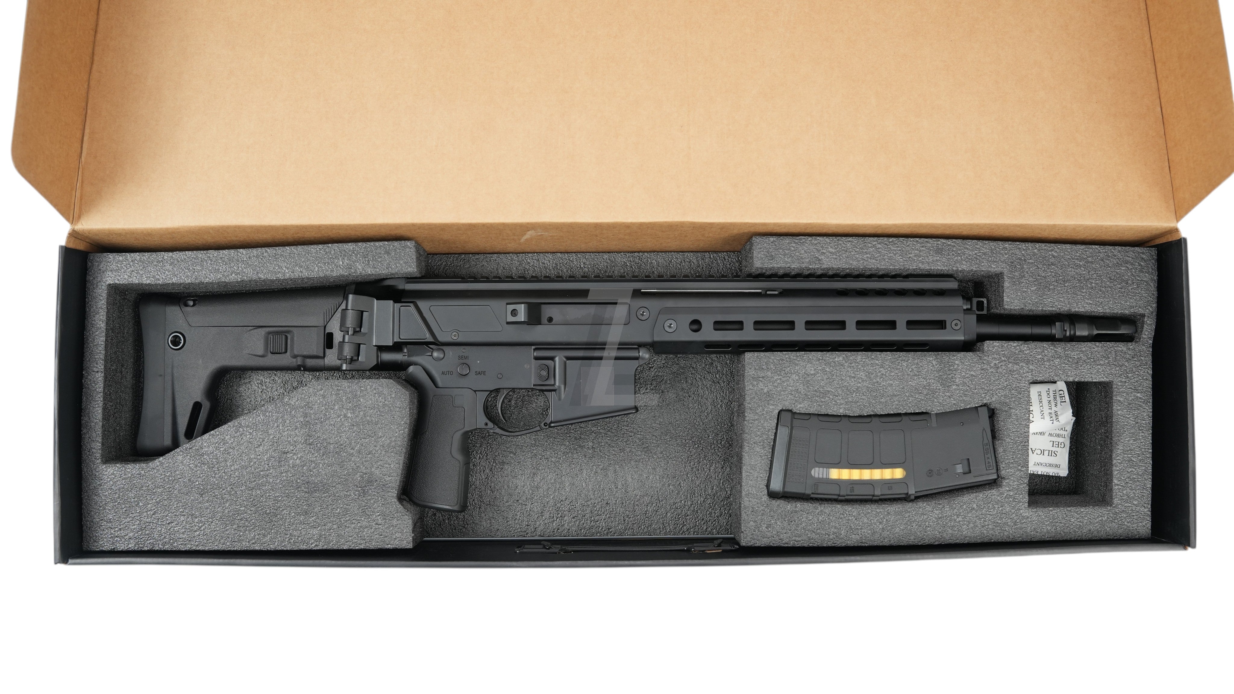 Landing Zone Double Eagle DWS Lupus 13.7 GBB black airsoft rifle with magazine in protective foam packaging