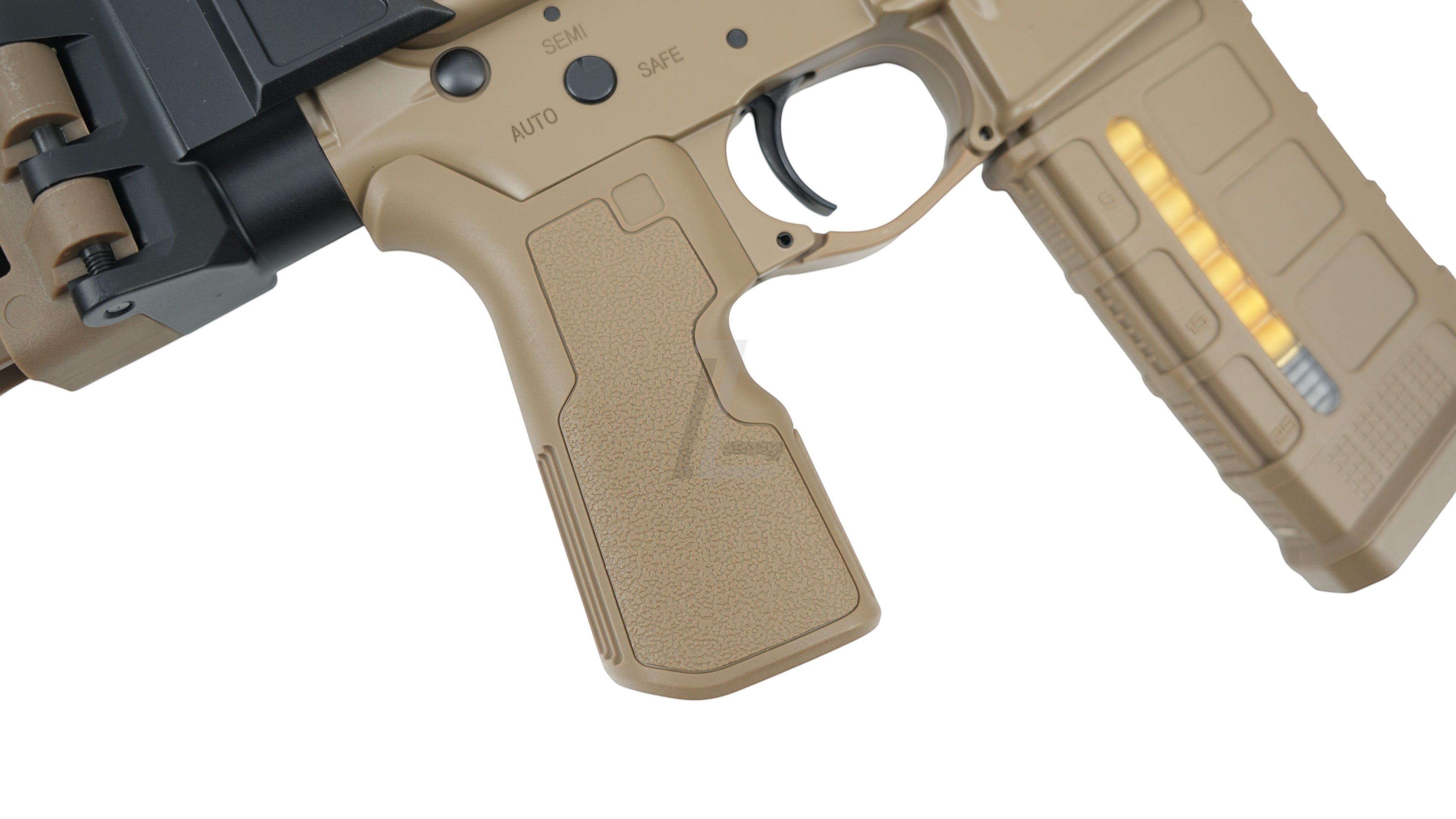 Landing Zone Double Eagle DWS Lupus 13.7 GBB airsoft rifle in FDE featuring textured pistol grip and magazine