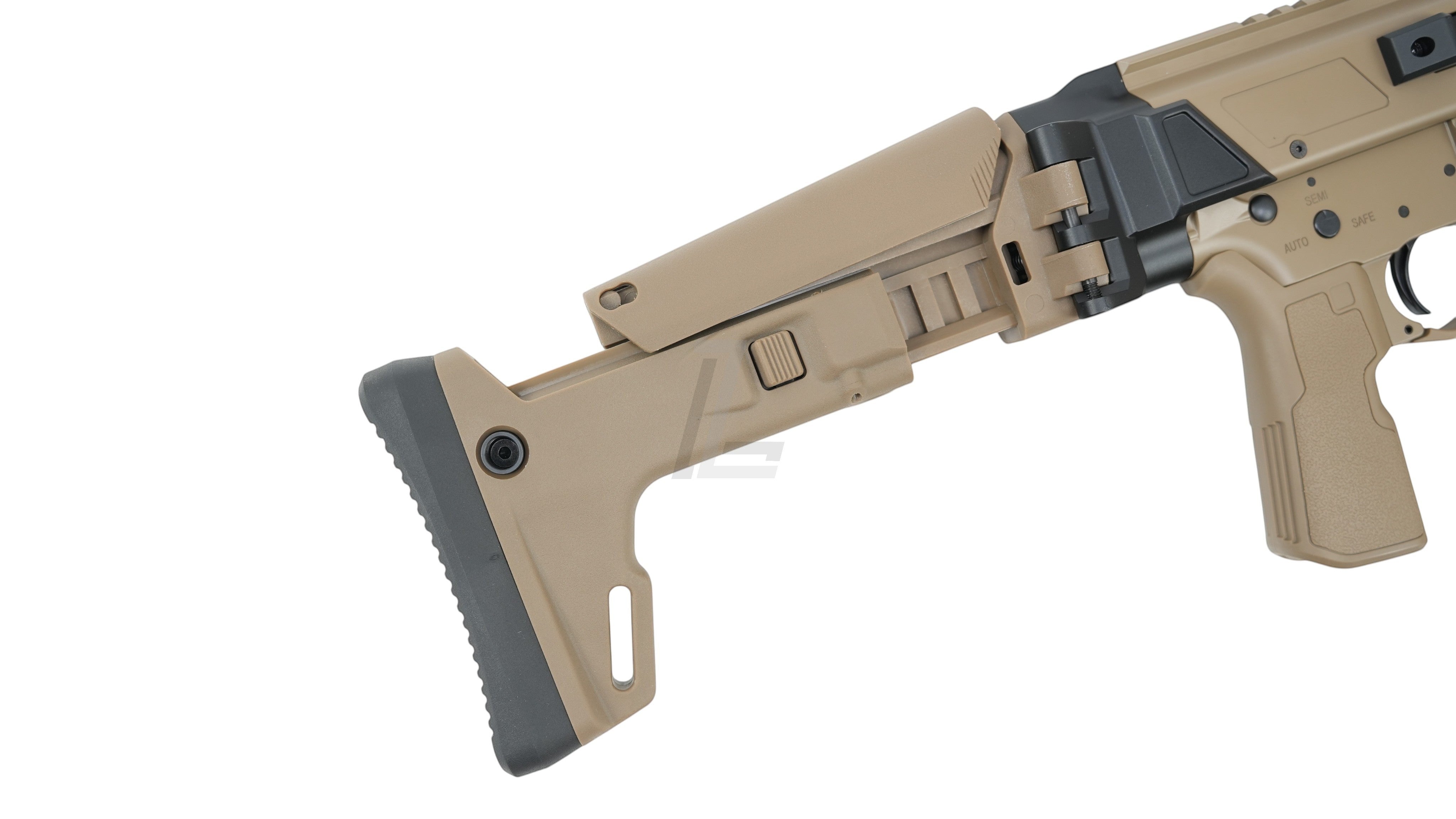 Landing Zone Double Eagle DWS Lupus 13.7 GBB airsoft rifle stock in FDE tan color against a white background