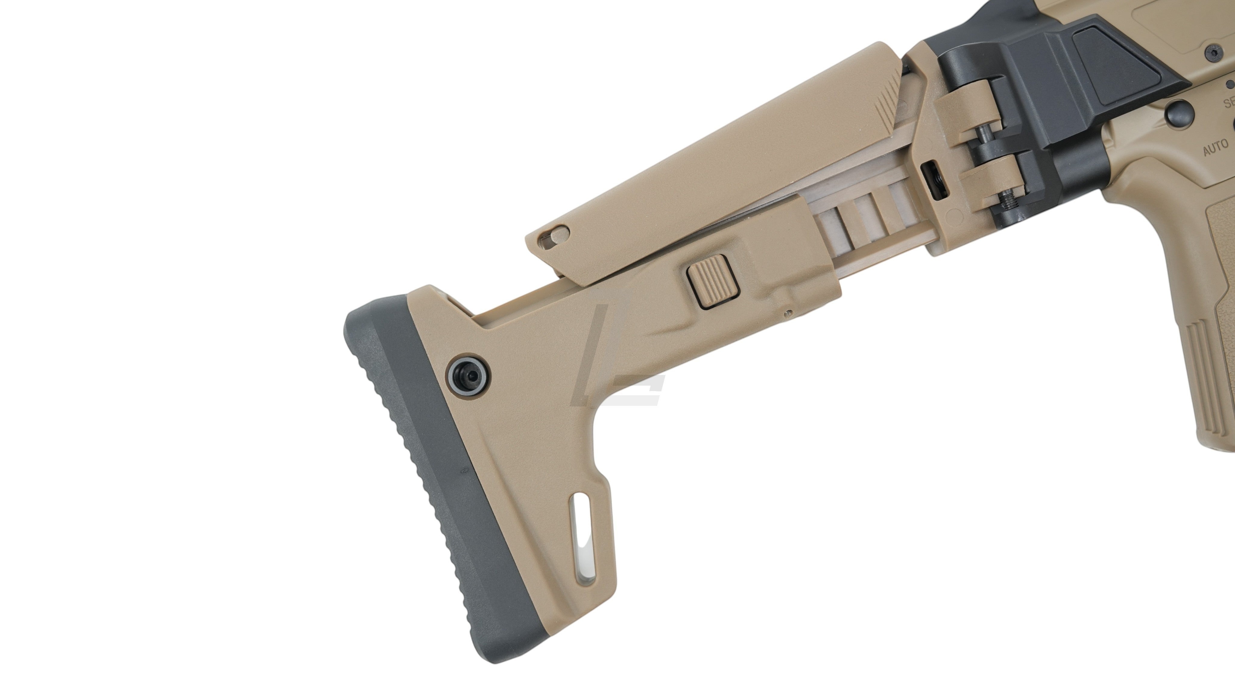 Landing Zone Double Eagle DWS Lupus 8.5 GBB airsoft rifle featuring a foldable FDE tactical stock with rubber buttpad
