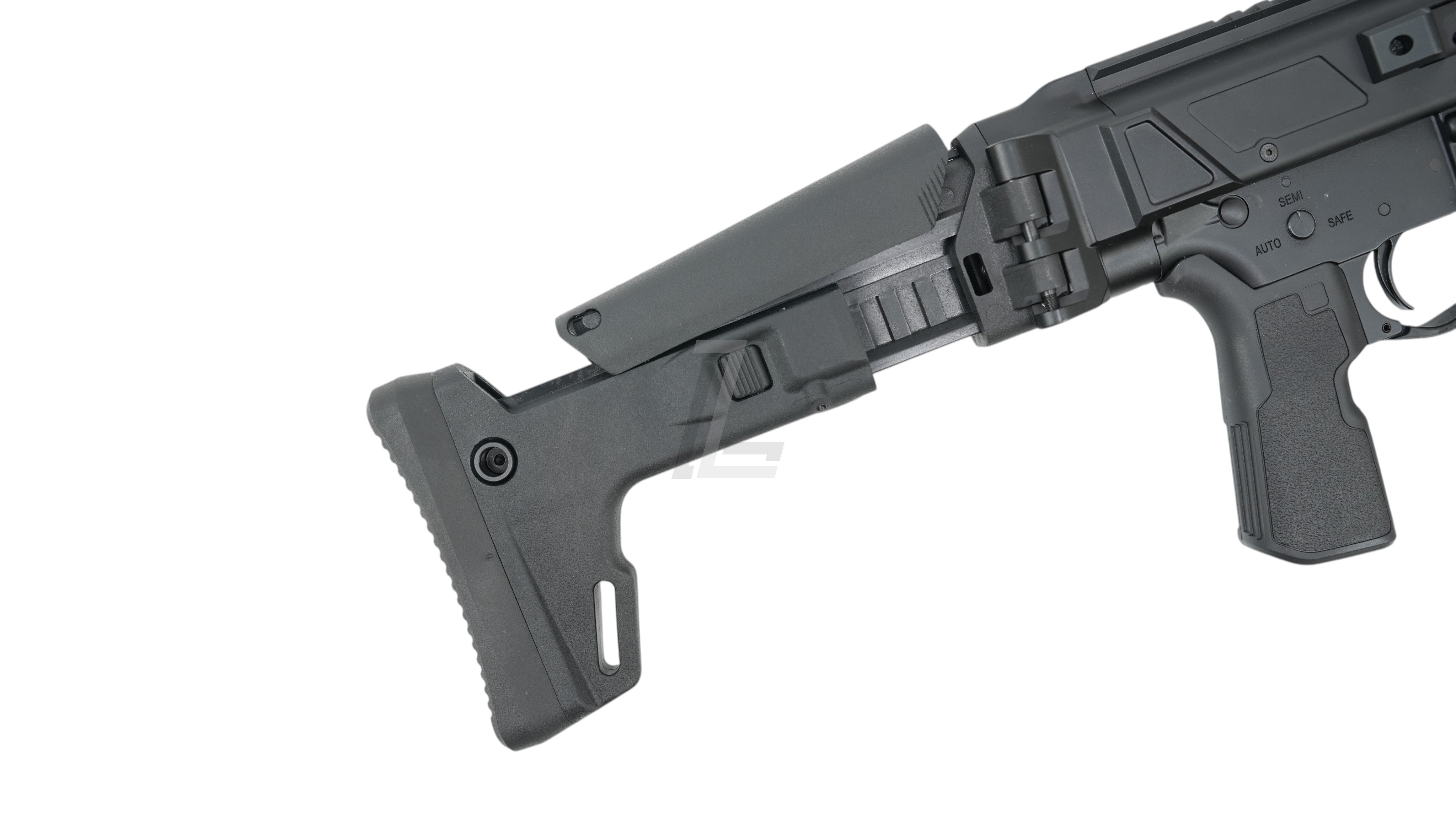 Landing Zone Double Eagle DWS Lupus 13.7 GBB airsoft rifle featuring a black adjustable stock and tactical grip
