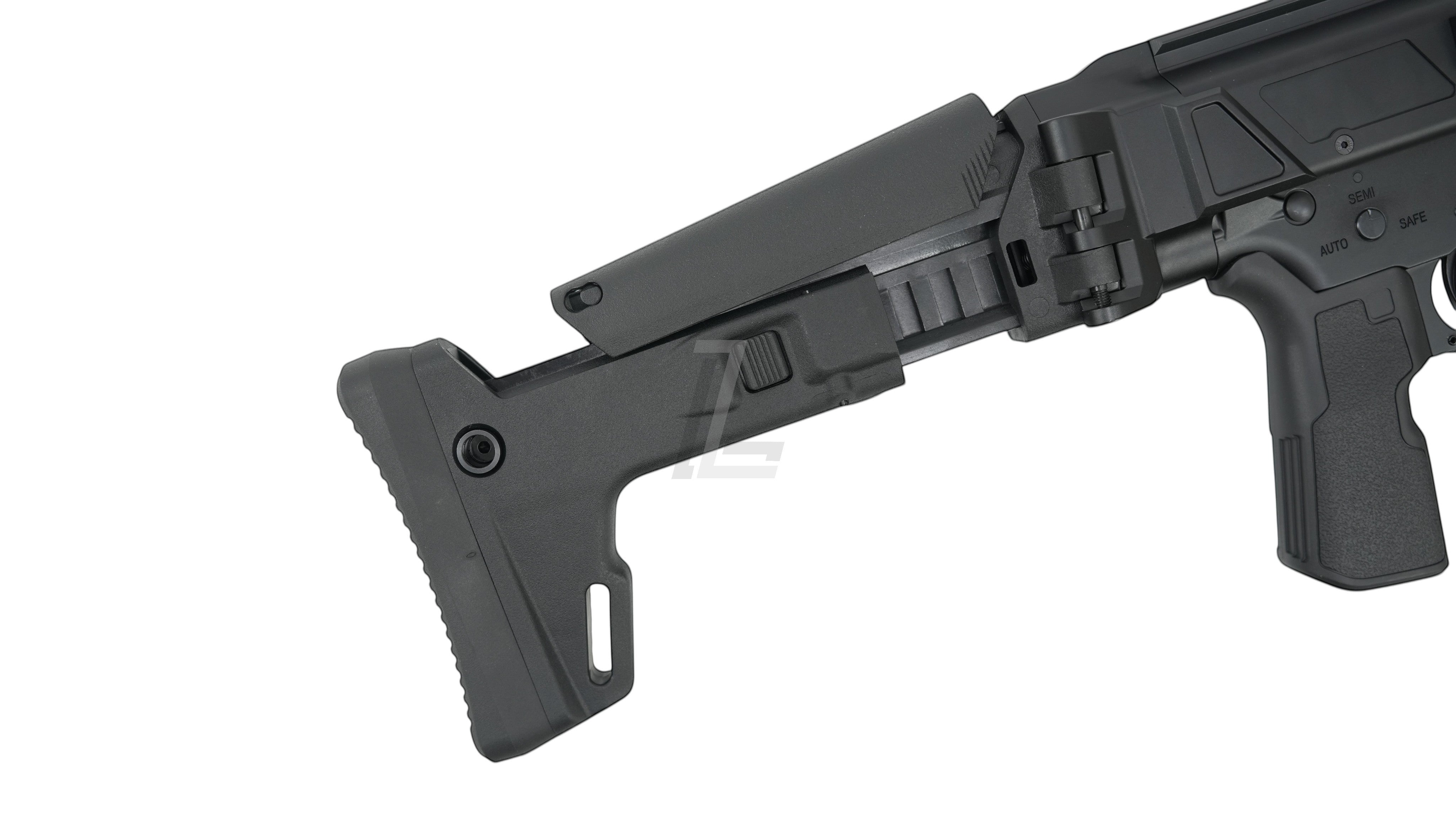 Landing Zone Double Eagle DWS Lupus 8.5 GBB airsoft rifle stock in black, showing tactical folding design