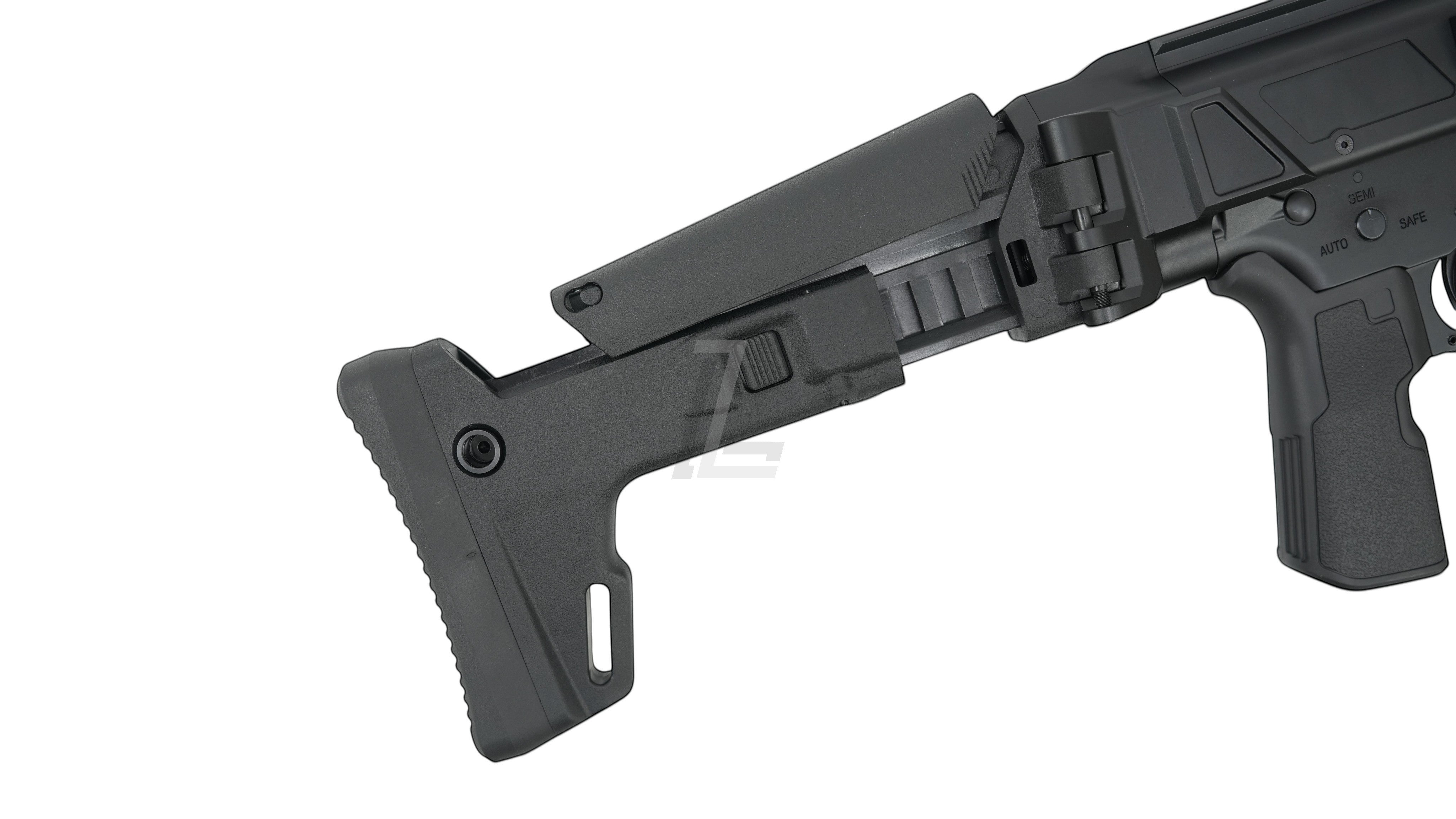 Landing Zone Double Eagle DWS Lupus 8.5 GBB airsoft rifle stock in black, showing tactical folding design