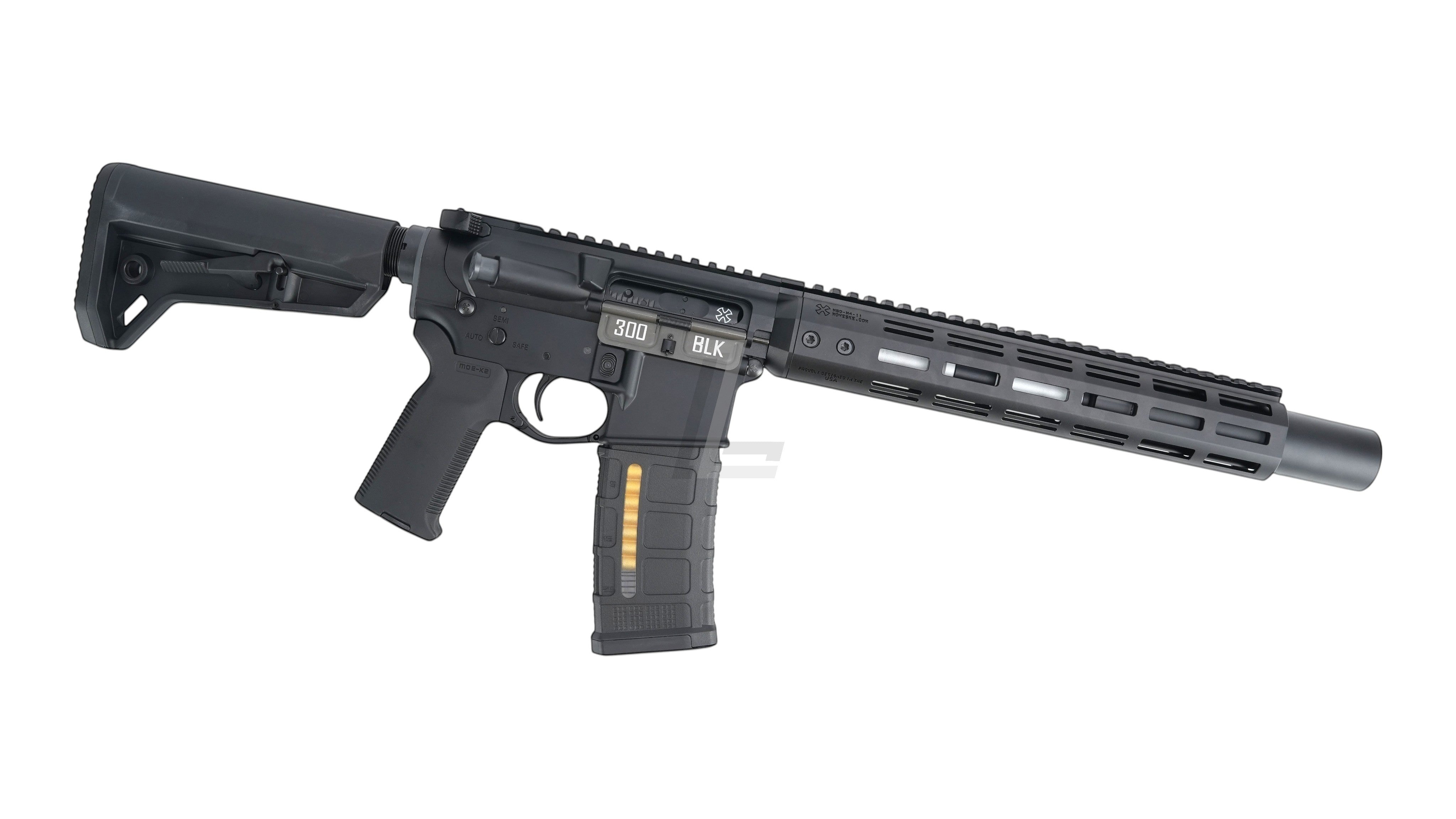 Landing Zone Double Eagle EMG Noveske N4 NSR SD MWS GBB airsoft rifle in black with Eshooter Flare Mono tracer