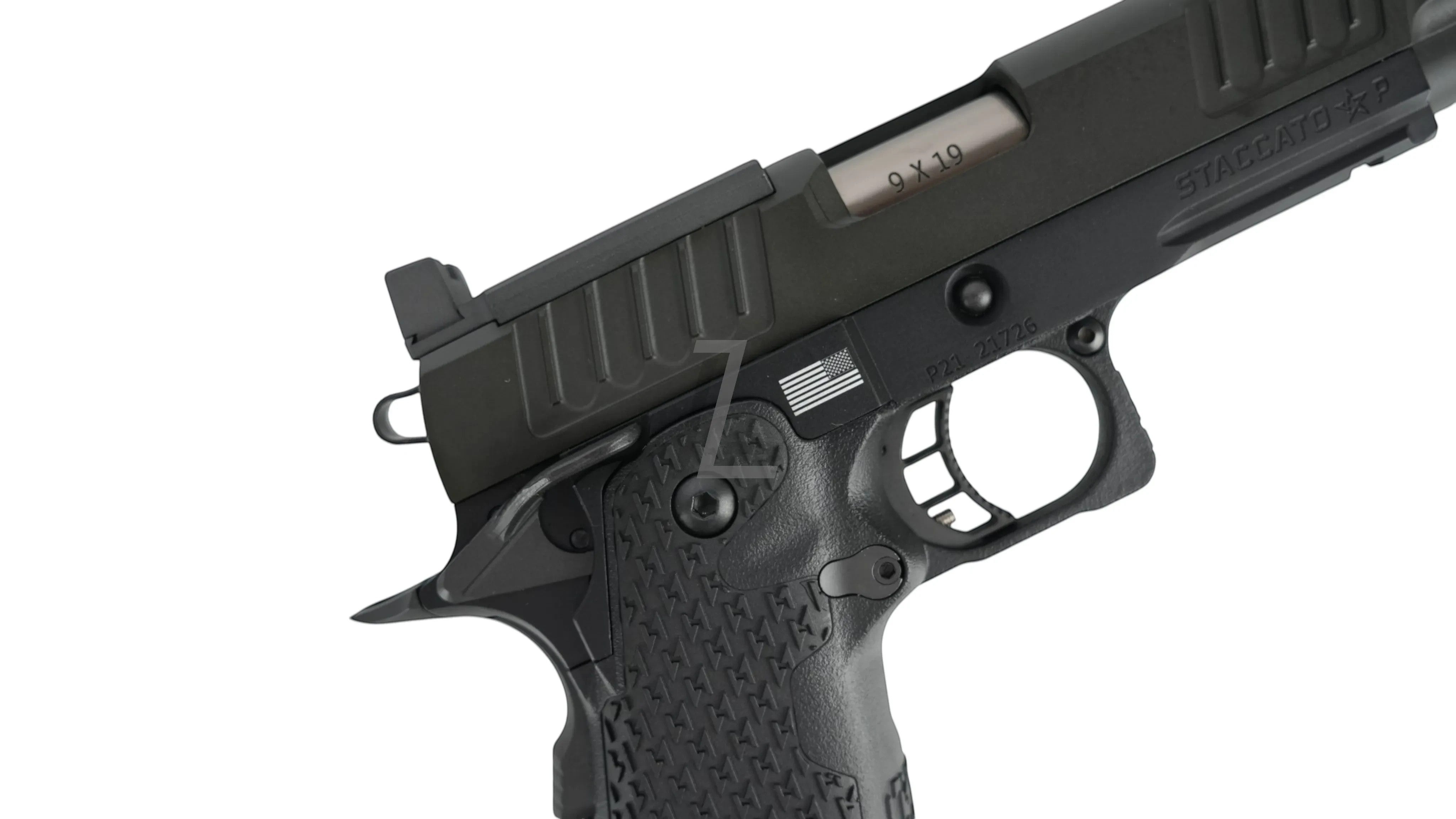 Landing Zone EMG/ARMY PLUS R611-2 Staccato P GBB airsoft pistol with steel parts and compensator.