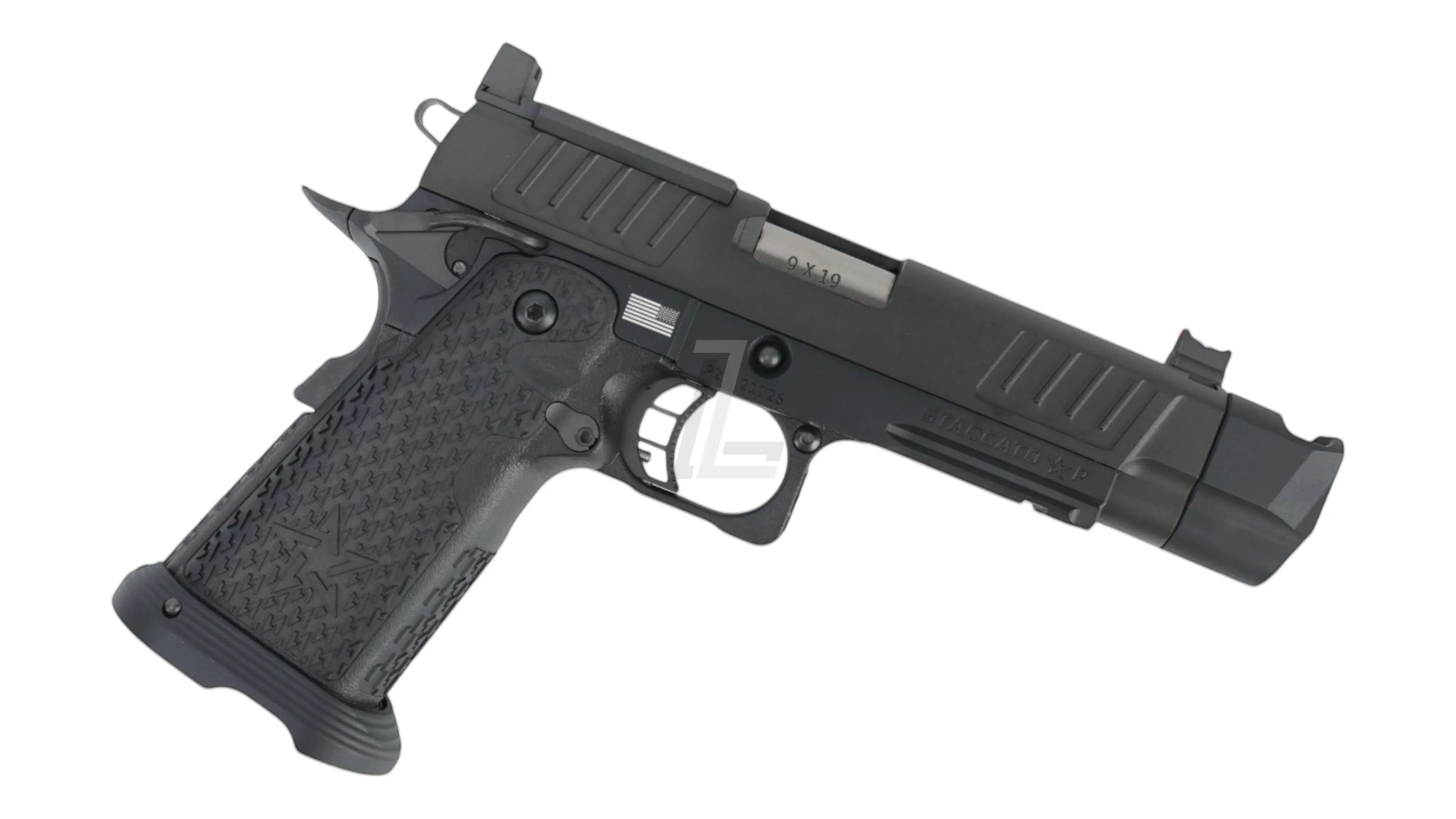 Landing Zone EMG/ARMY PLUS R611-2 Staccato P GBB airsoft pistol with steel parts and compensator.