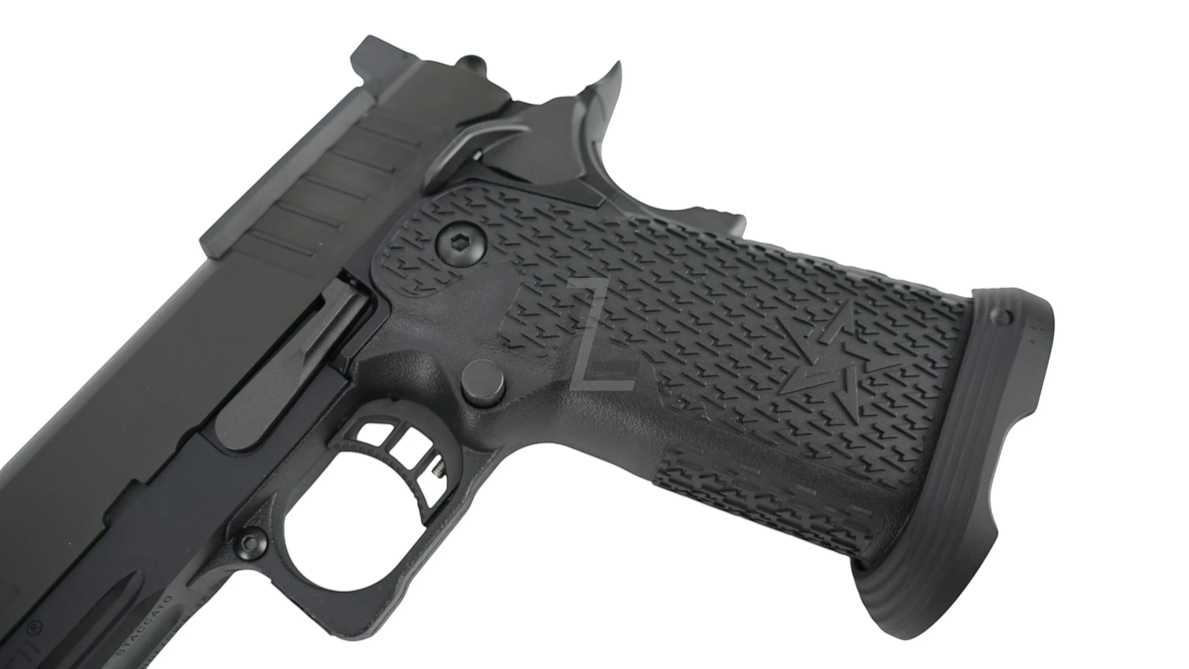 Landing Zone EMG/ARMY PLUS R611-2 Staccato P airsoft pistol with textured grip and steel parts.