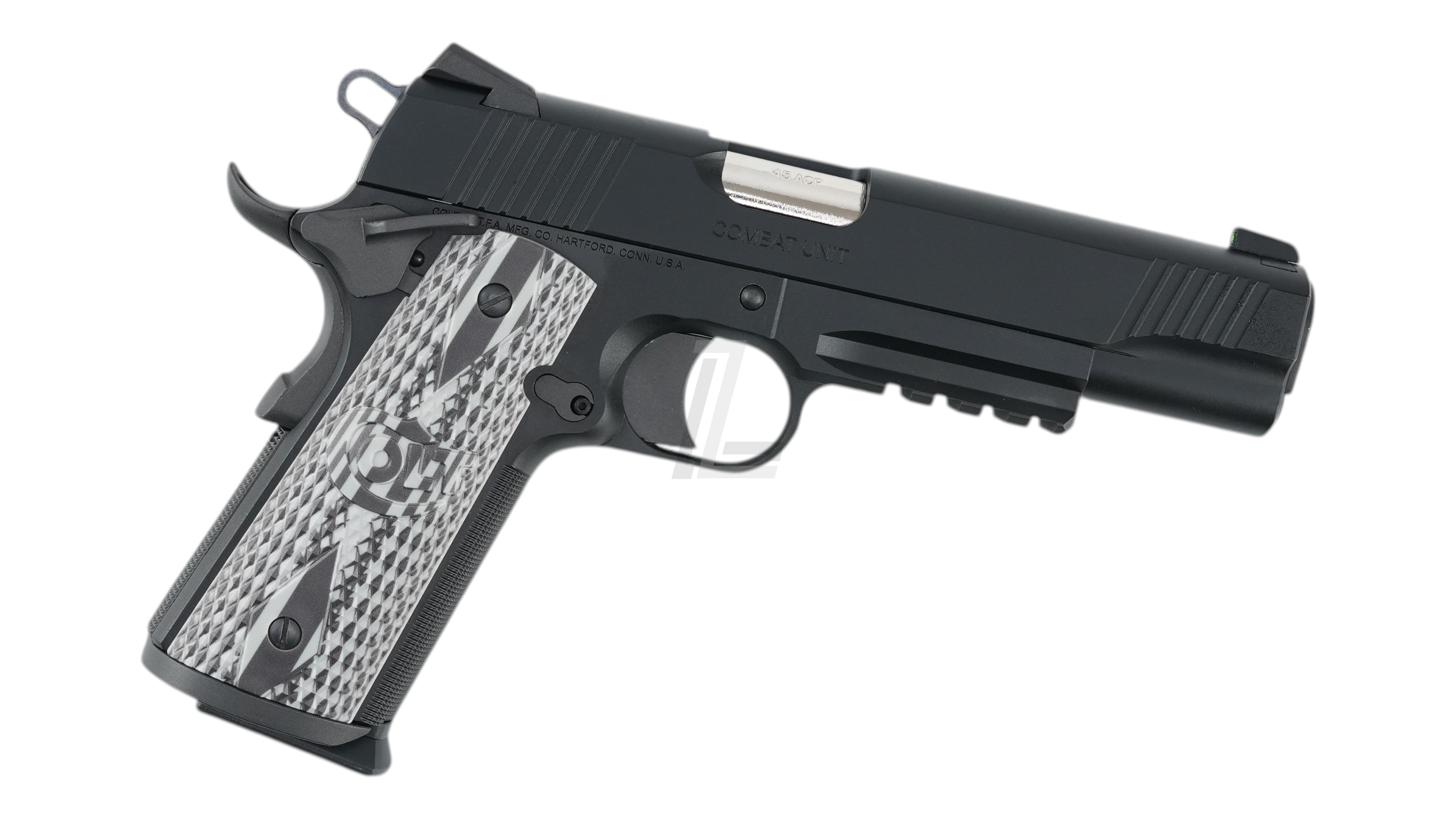 Landing Zone EMG Cybergun Colt 1911 Combat Unit GBB airsoft pistol in black with textured grey grips