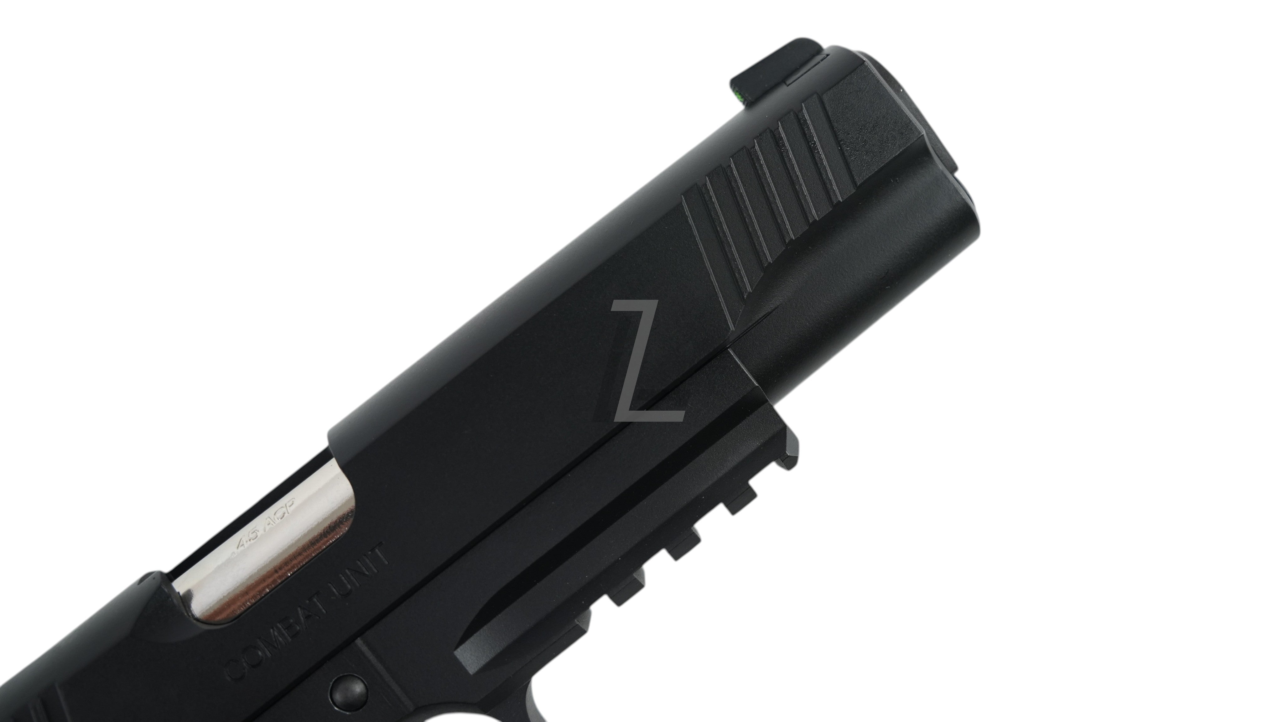 Landing Zone EMG Cybergun Colt 1911 Combat Unit GBB airsoft pistol slide with accessory rail and fiber optic sight