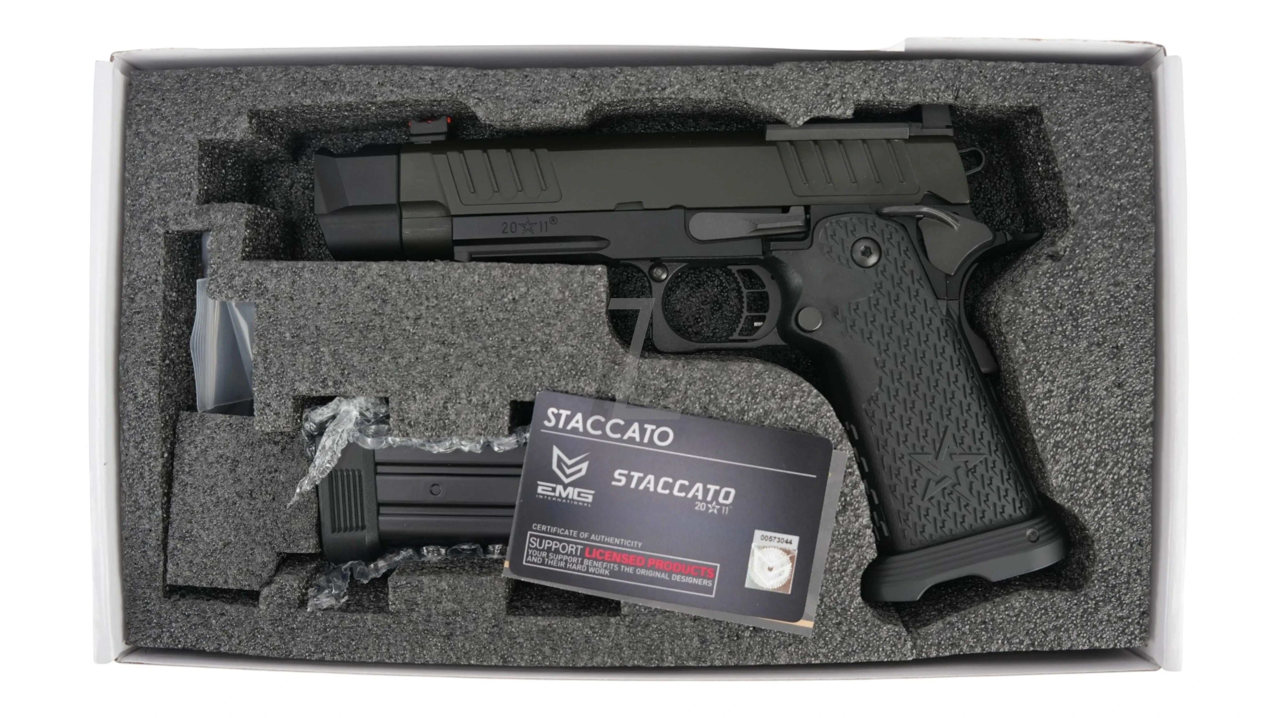 Landing Zone EMG/ARMY PLUS R611-2 Staccato P GBB airsoft pistol with steel parts and compensator.