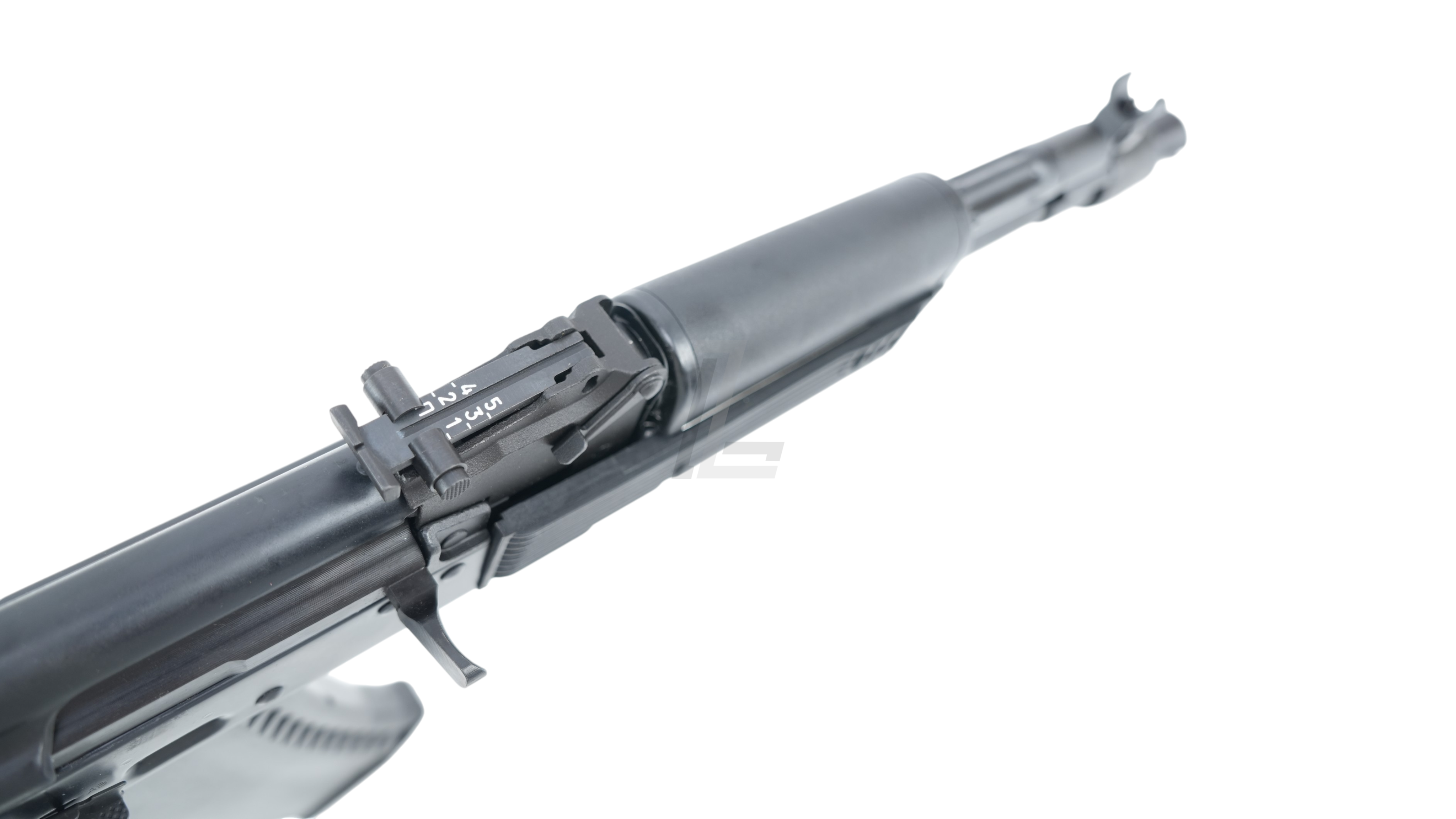 Landing Zone GHK AK105 V3 gas blowback airsoft rifle featuring a black metal finish and adjustable rear iron sight