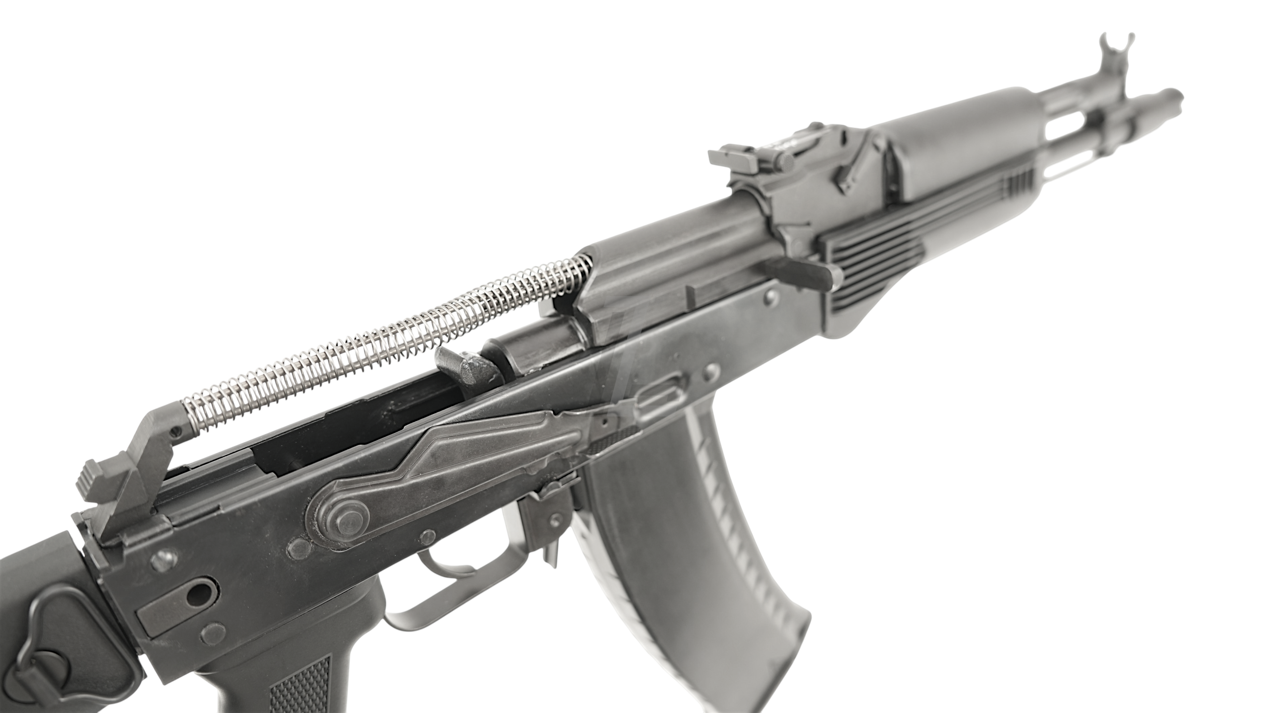 Landing Zone GHK AK105 V3 GBB airsoft rifle with receiver cover open showing internal spring and bolt mechanism