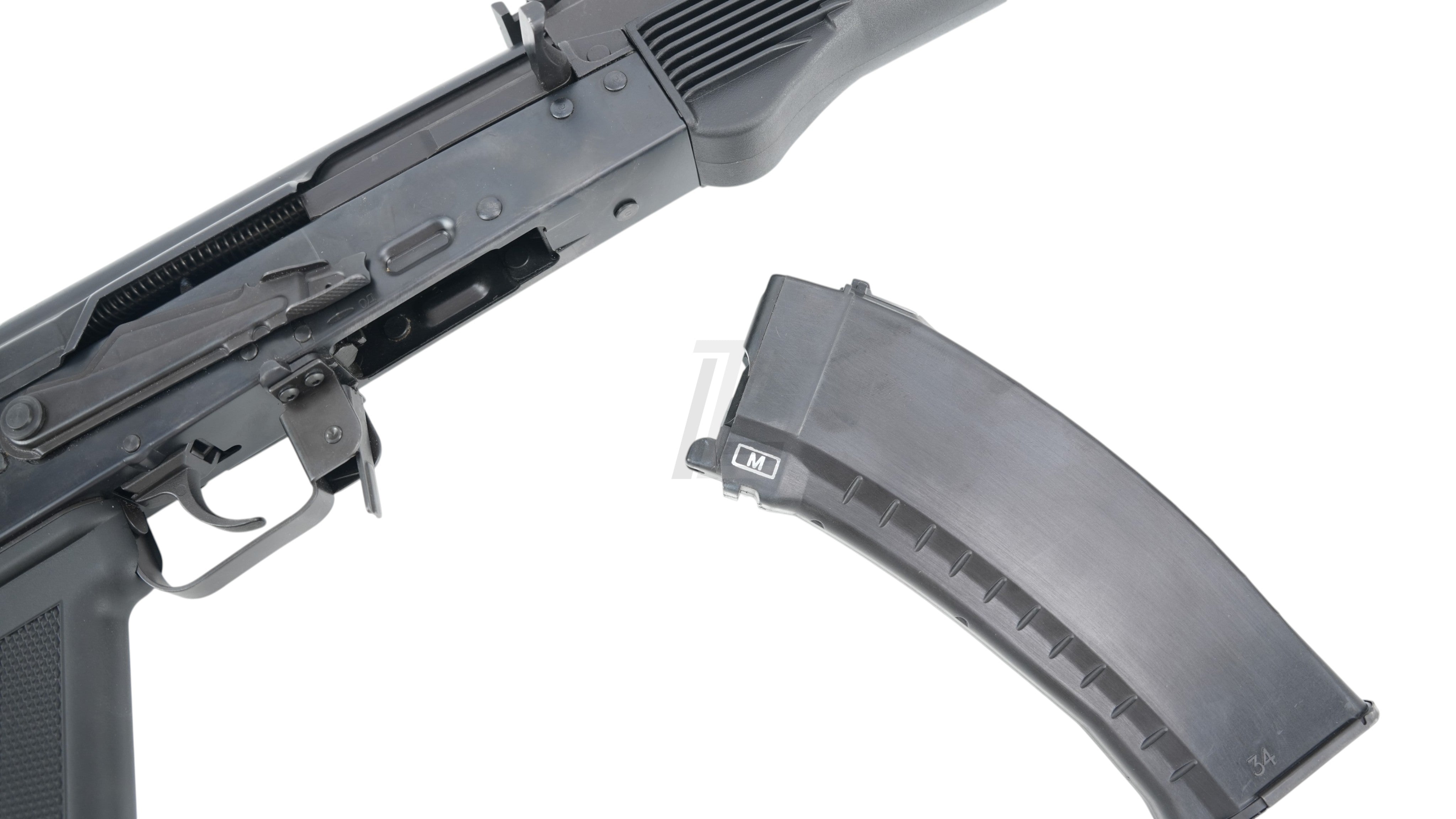 Landing Zone GHK AK105 V3 GBB airsoft rifle with black polymer magazine detached on a white background