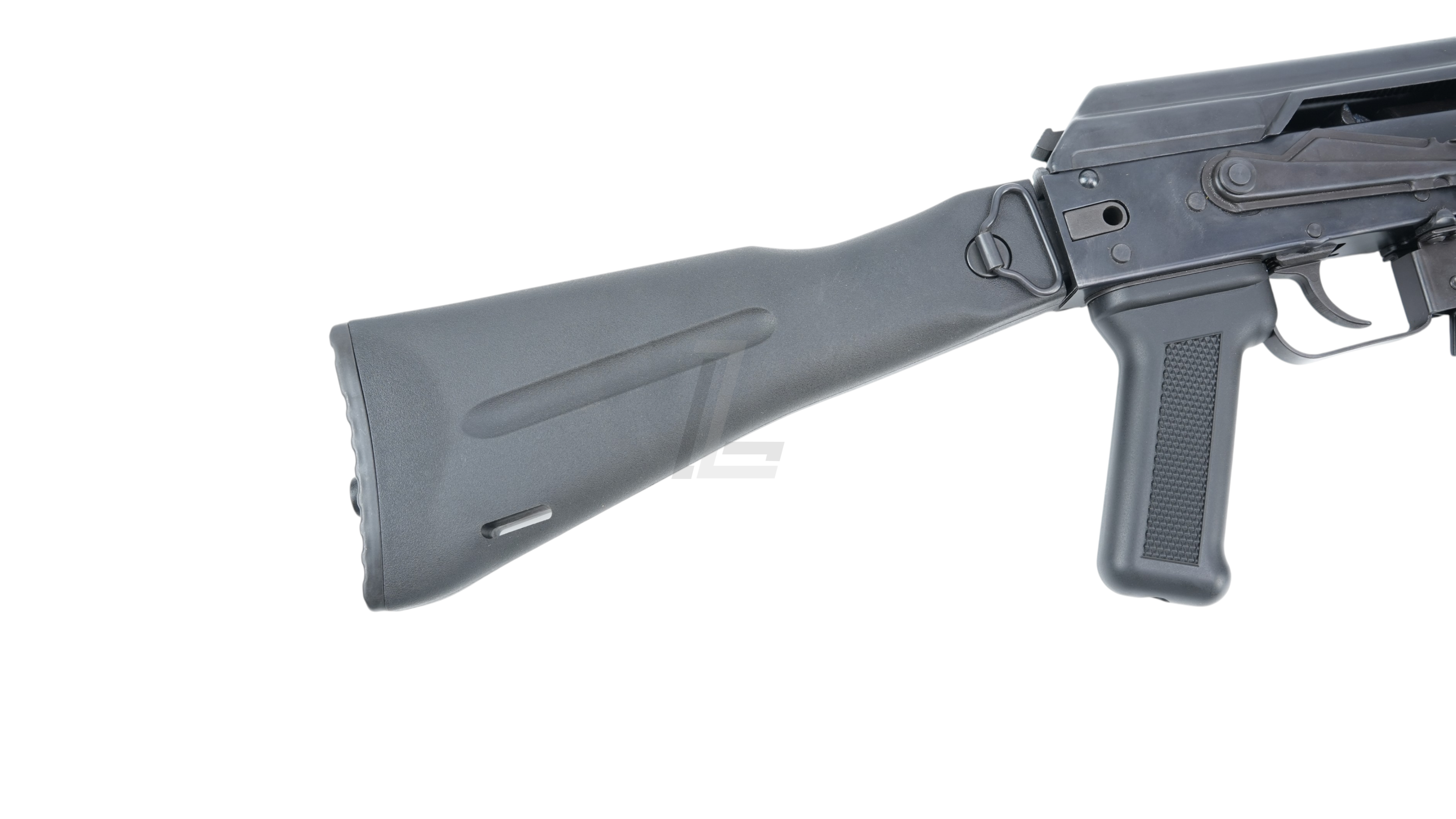 Landing Zone GHK AK105 V3 GBB airsoft rifle showing the black polymer stock and pistol grip detail
