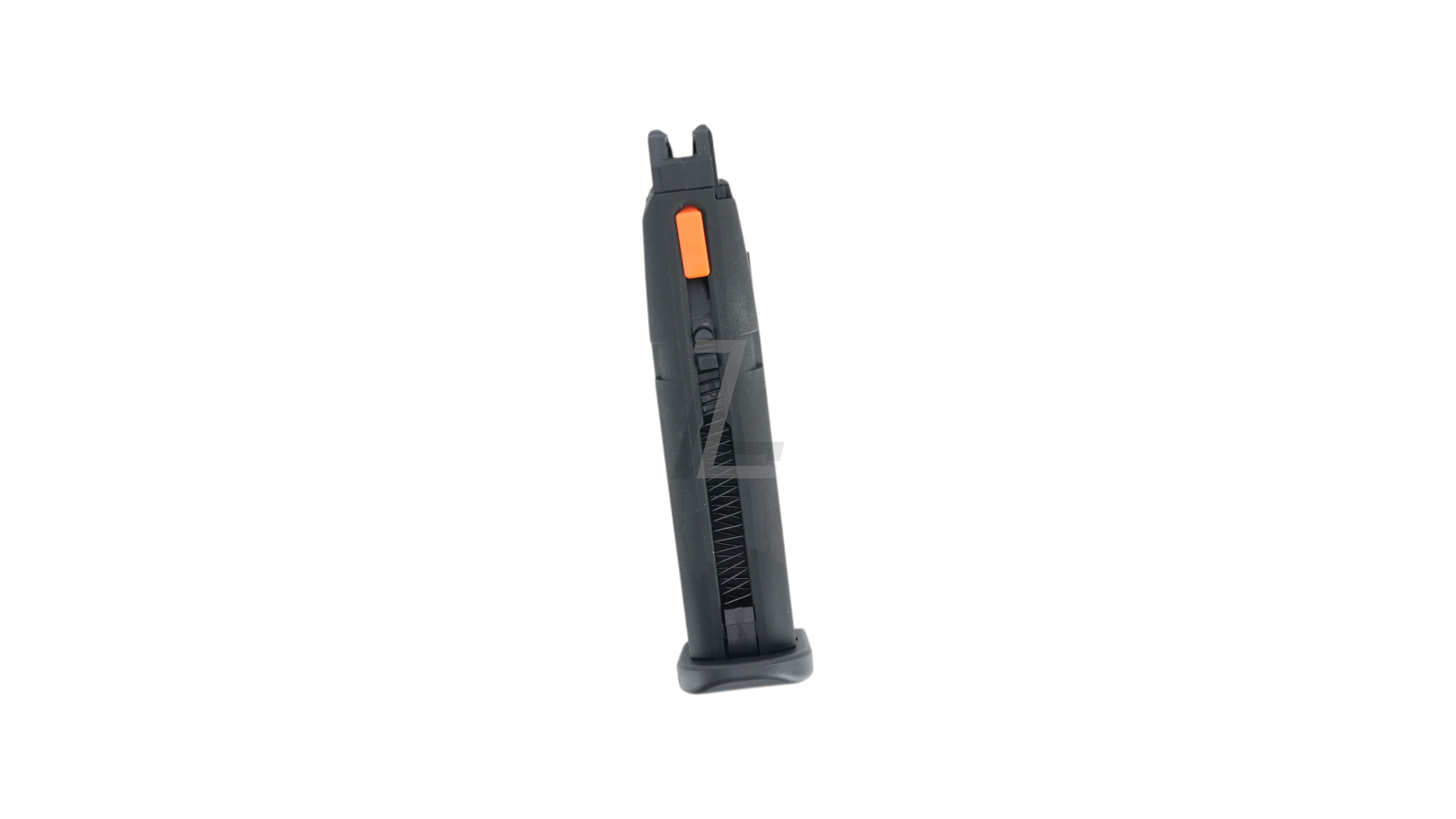 Landing Zone Guarder lightweight aluminum magazine for Marui G19 Gen5 in black with orange follower