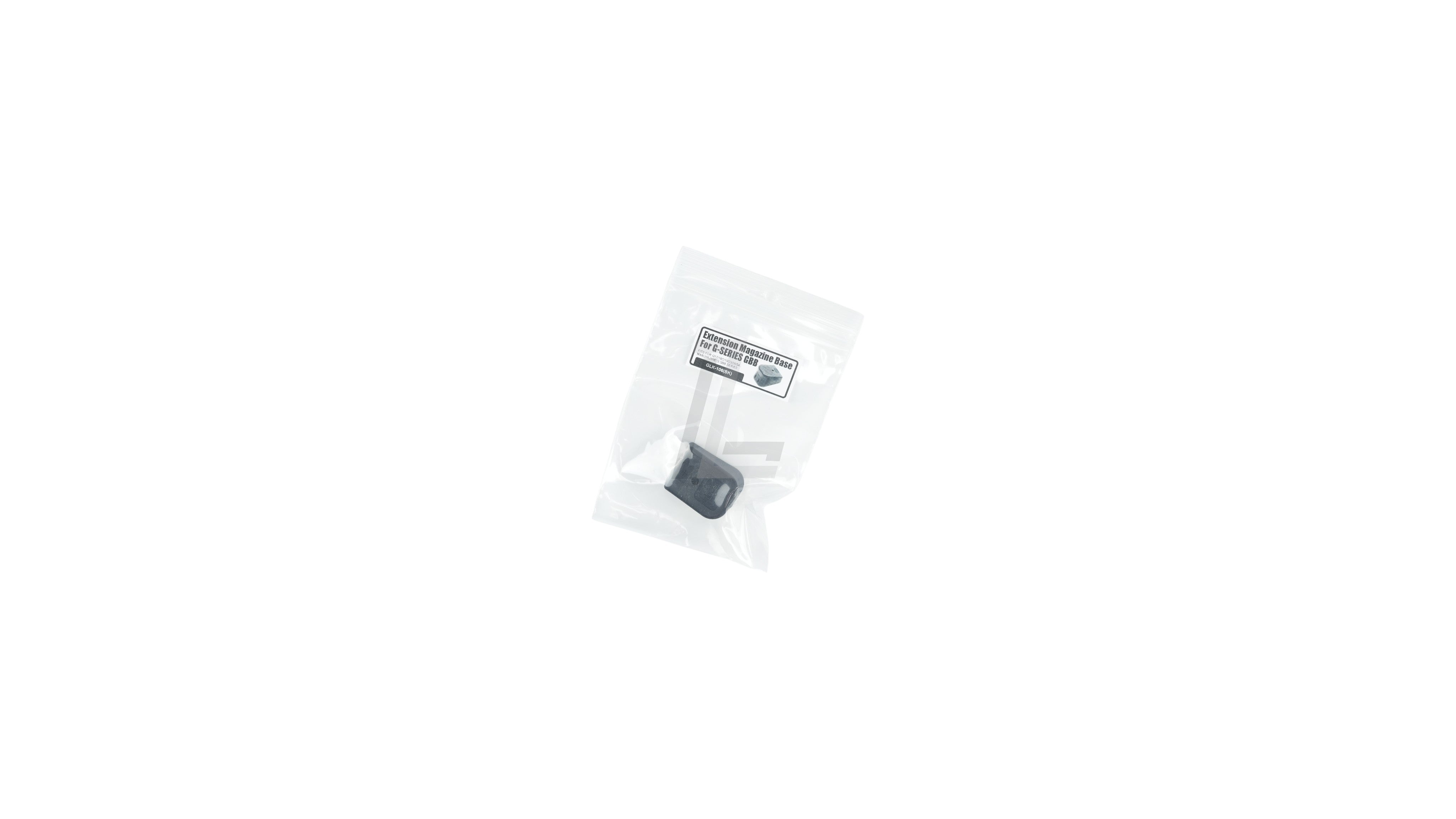 Landing Zone Guarder G-Series GBB magazine base extension in black, packaged in a clear plastic bag.