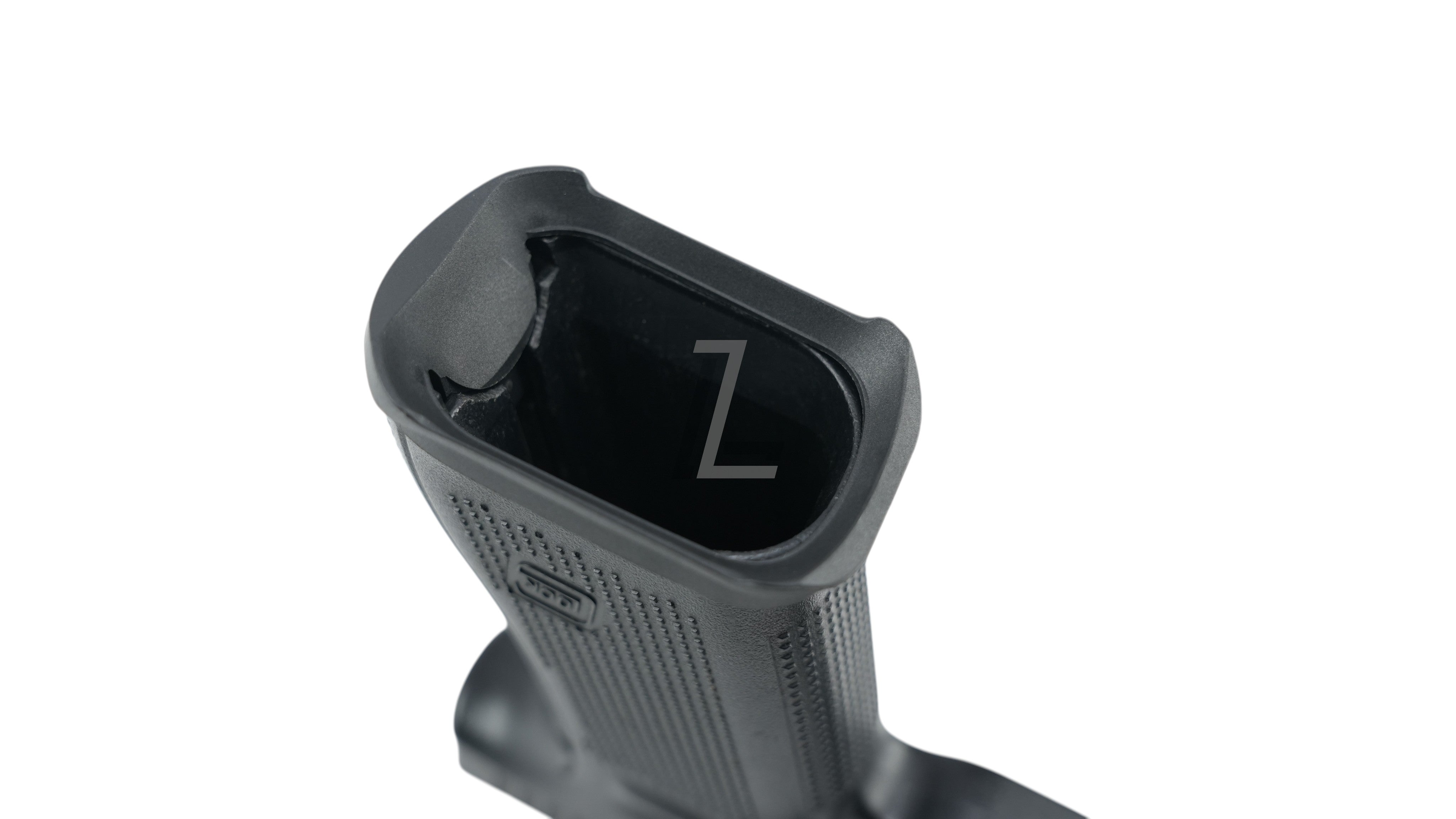 Landing Zone black Guarder enhanced magwell for Marui G17 Gen5 MOS pistol, showing the flared magazine well opening.
