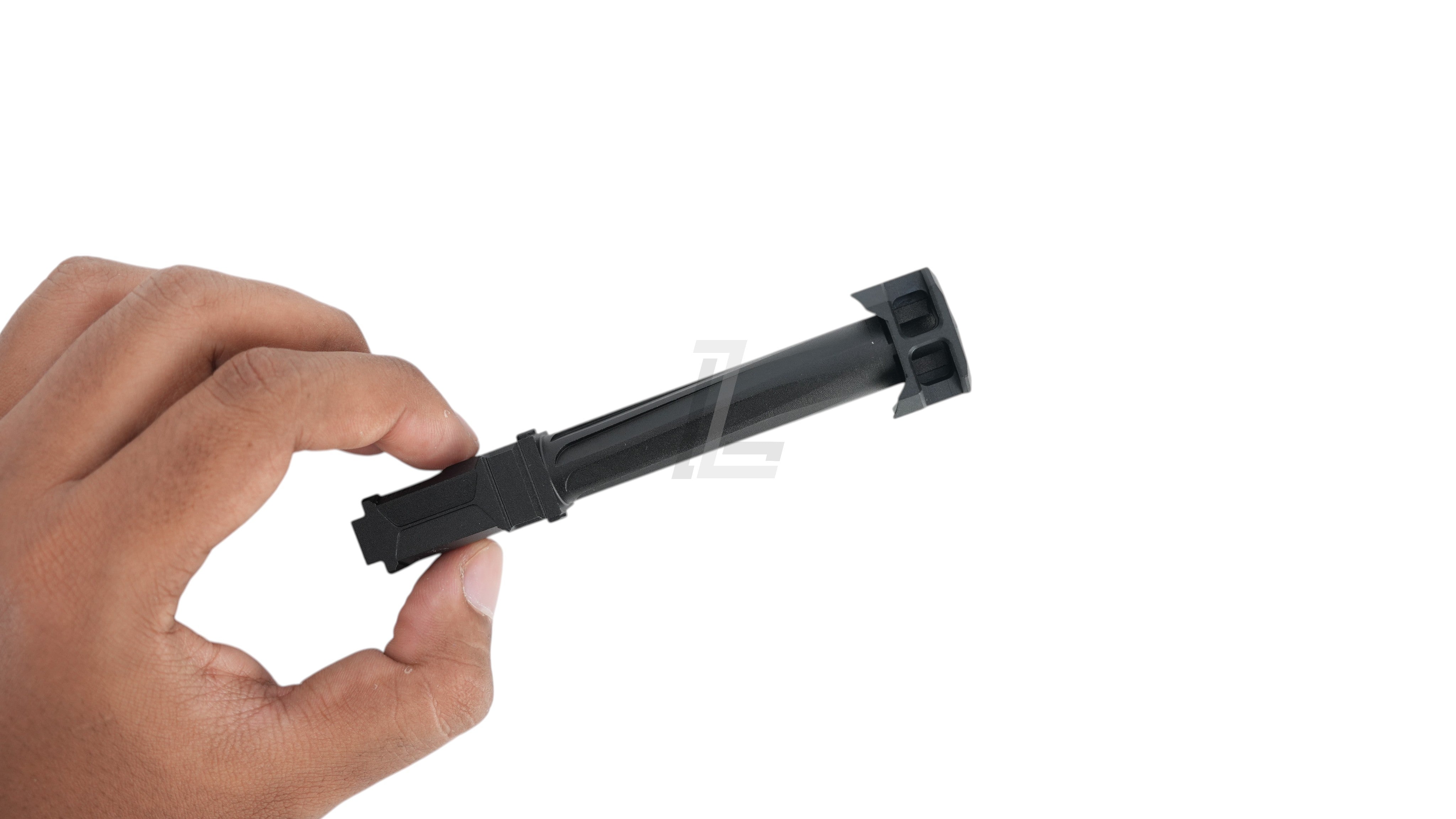 Landing Zone GUNDAY black aluminum outer barrel with compensator for Marui G17 Gen5 MOS GBB held in a hand