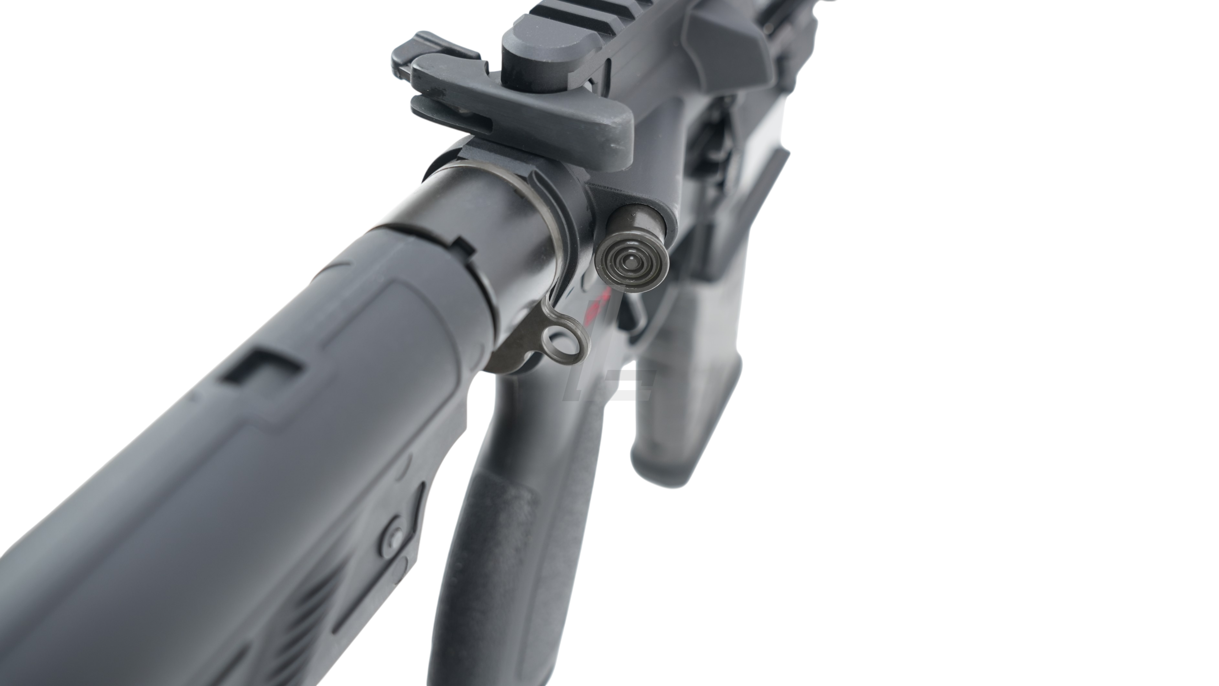 Landing Zone VFC UMAREX HK416A5 M-LOK EVO GBB airsoft rifle showing the rear receiver and adjustable stock in black