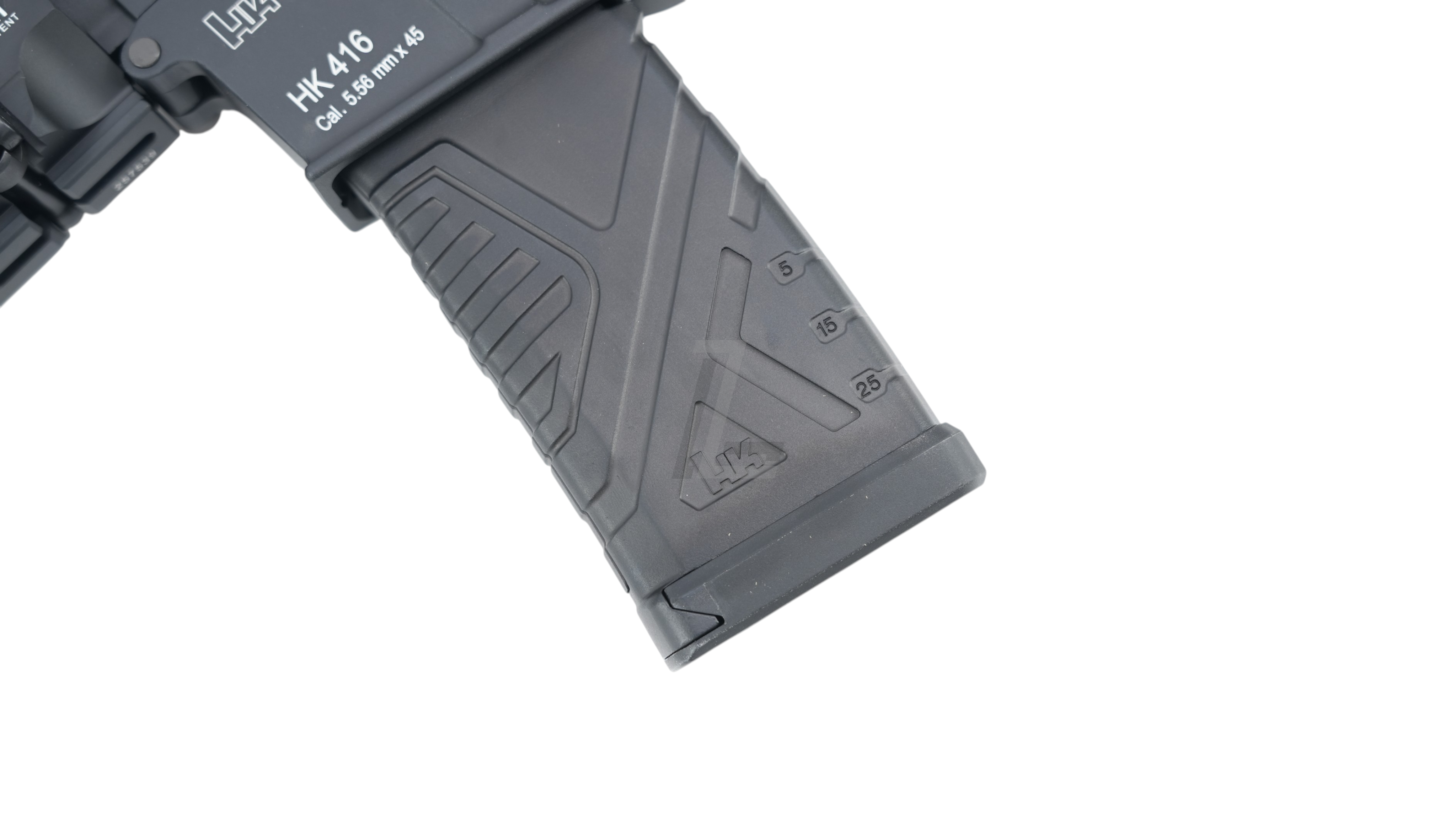 Landing Zone black polymer magazine for VFC Umarex HK416A5 GBB airsoft rifle with HK logo and capacity markings