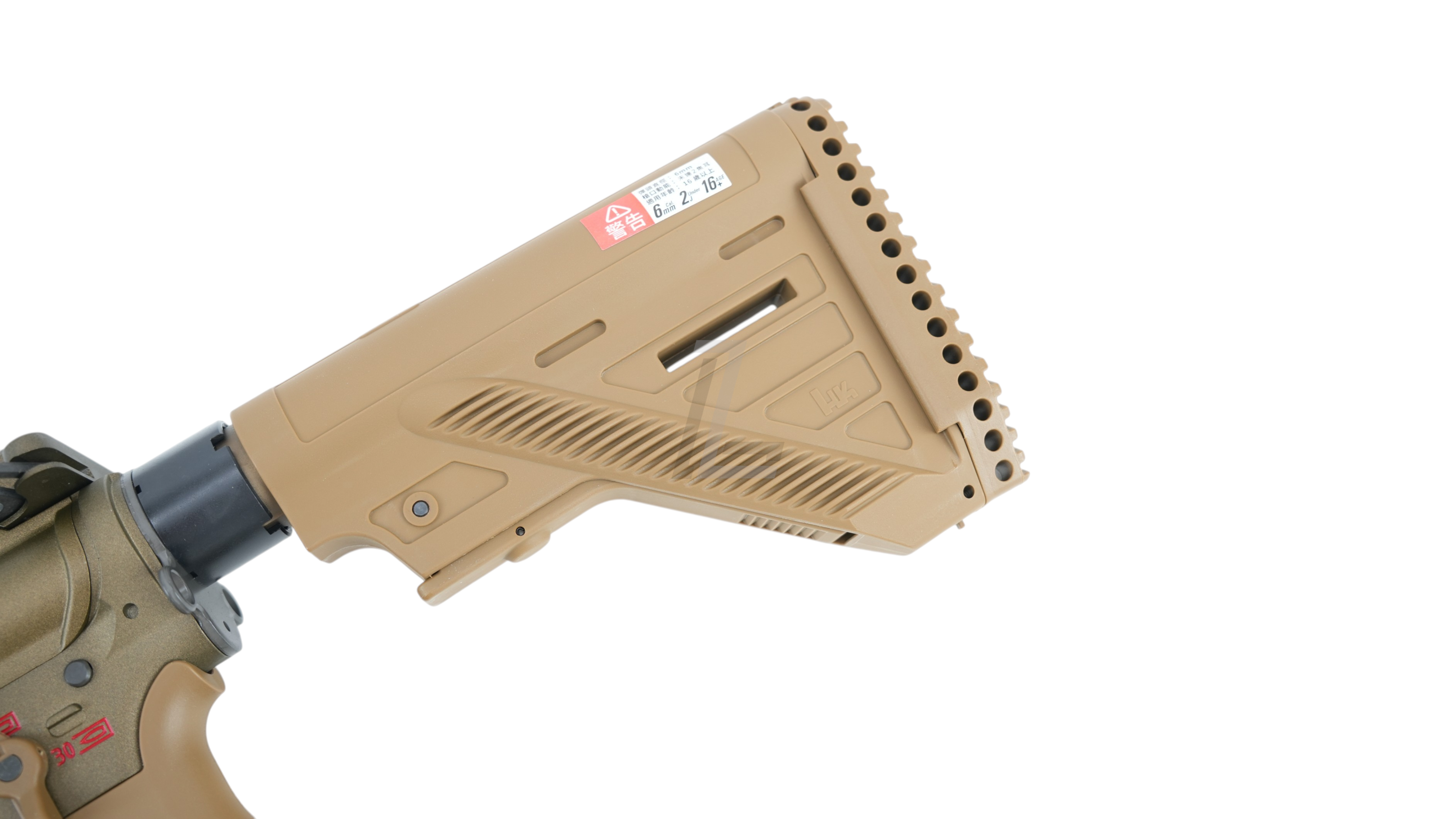 Landing Zone VFC Umarex HK416A5 GBB airsoft rifle stock in RAL8000 tan color with HK logo