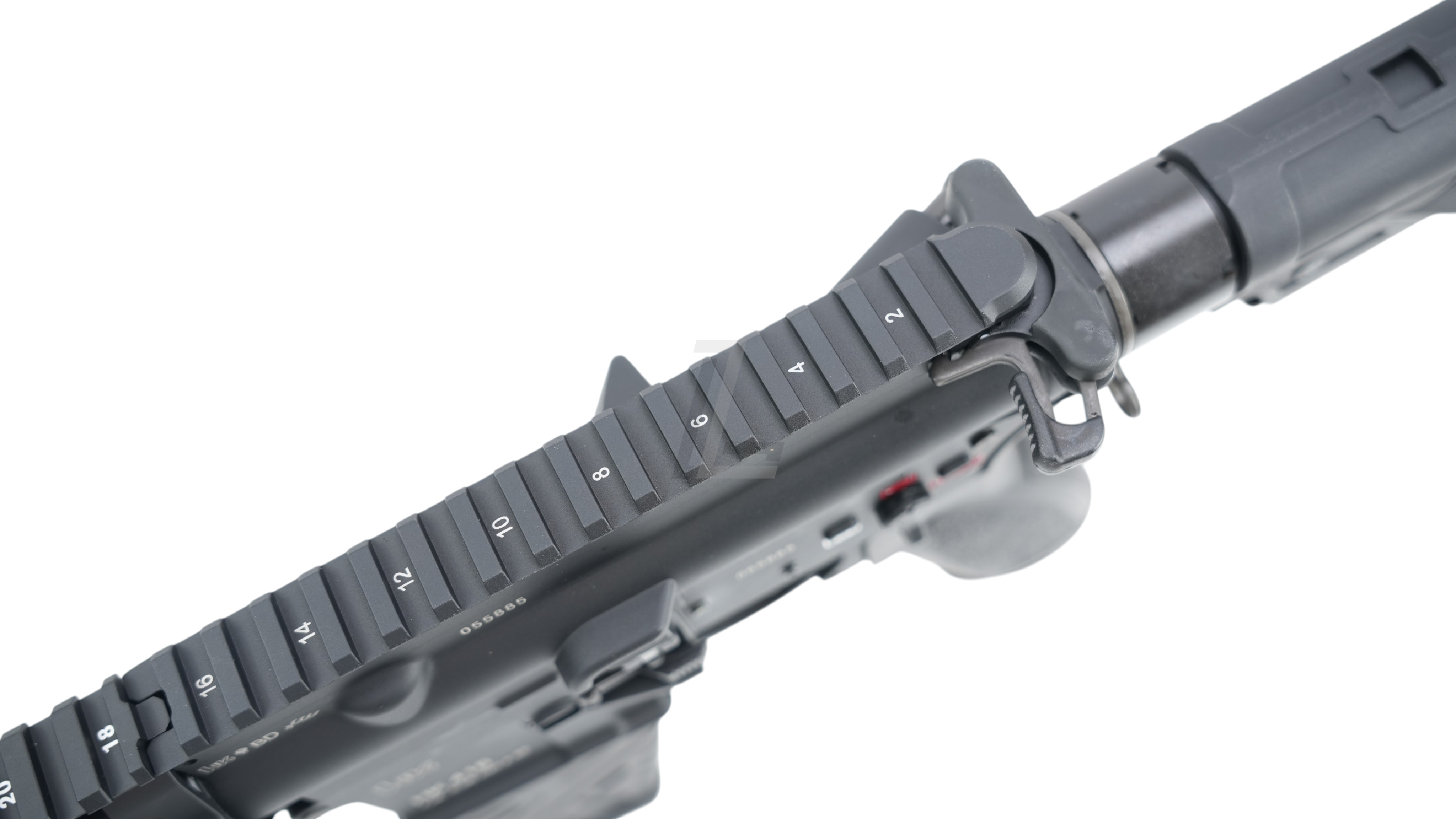 Landing Zone VFC UMAREX HK416A5 GBB airsoft rifle top rail view with numbered picatinny slots in black finish